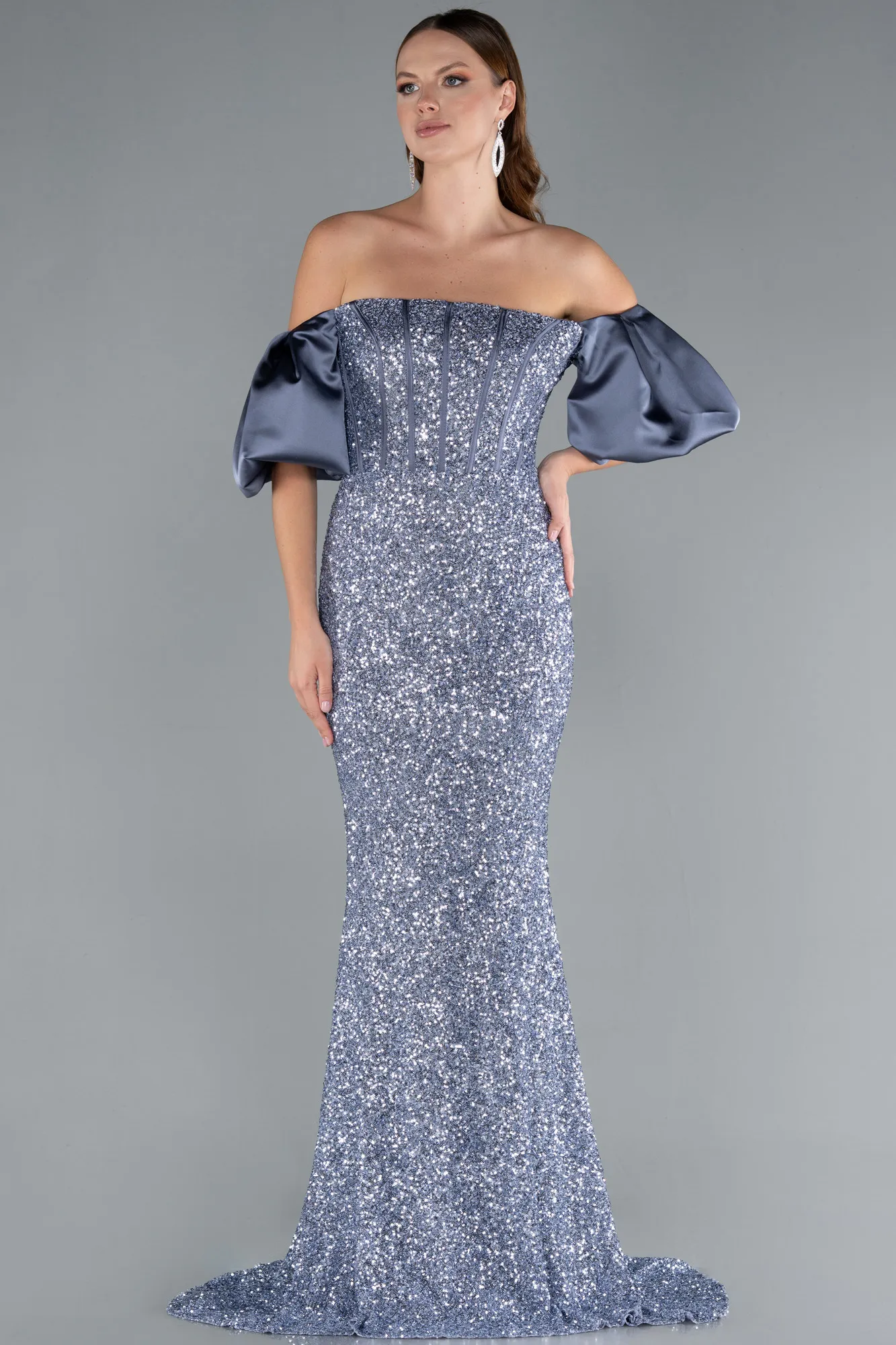 Grey-Indigo-Strapless Sleeve Accessories Long Scaly Evening Gown ABU4308