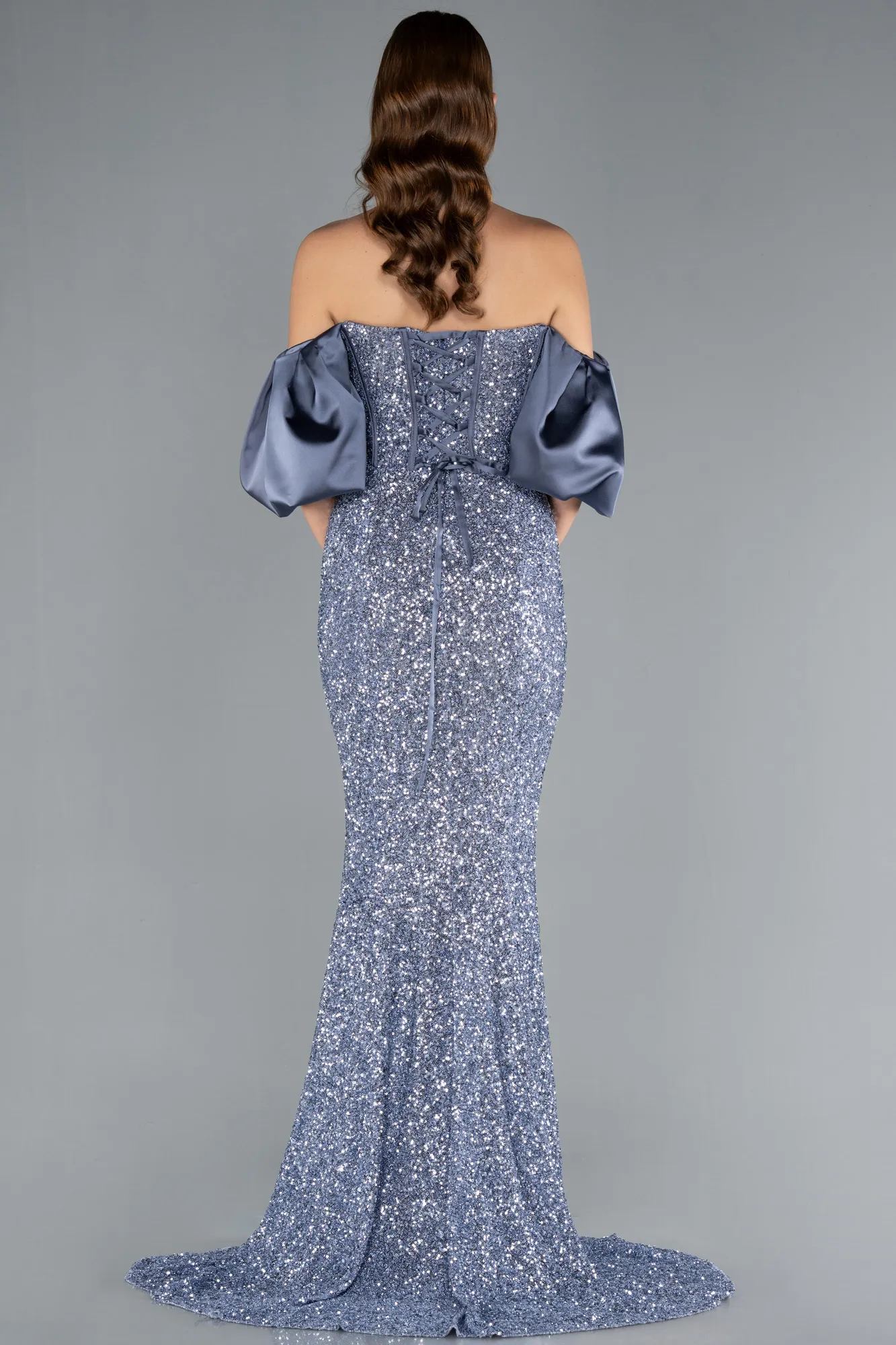 Grey-Indigo-Strapless Sleeve Accessories Long Scaly Evening Gown ABU4308
