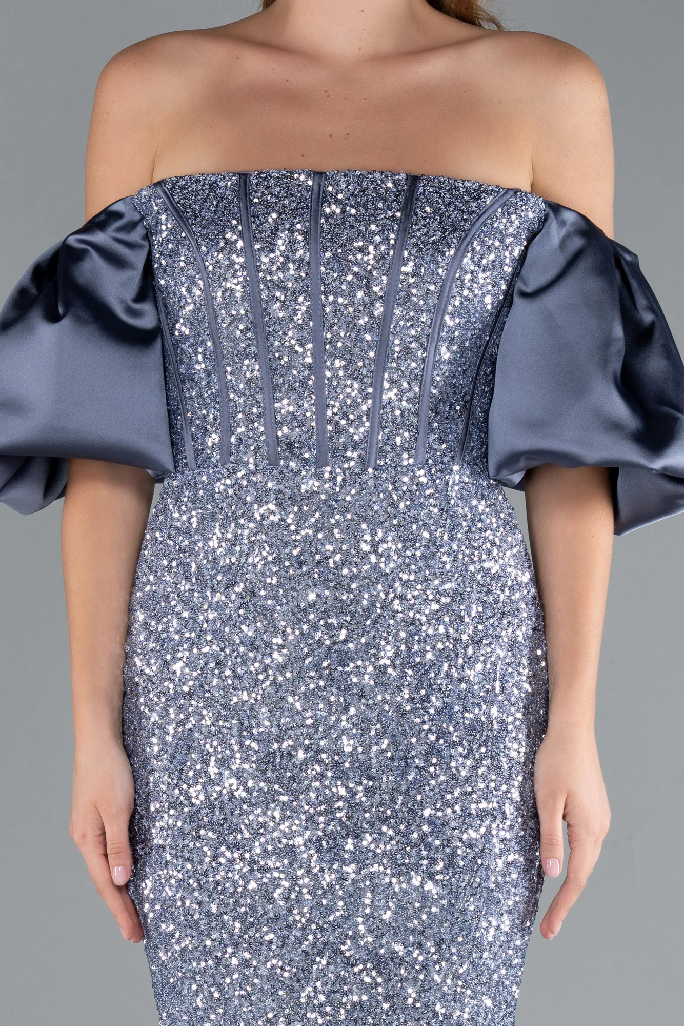 Grey-Indigo-Strapless Sleeve Accessories Long Scaly Evening Gown ABU4308