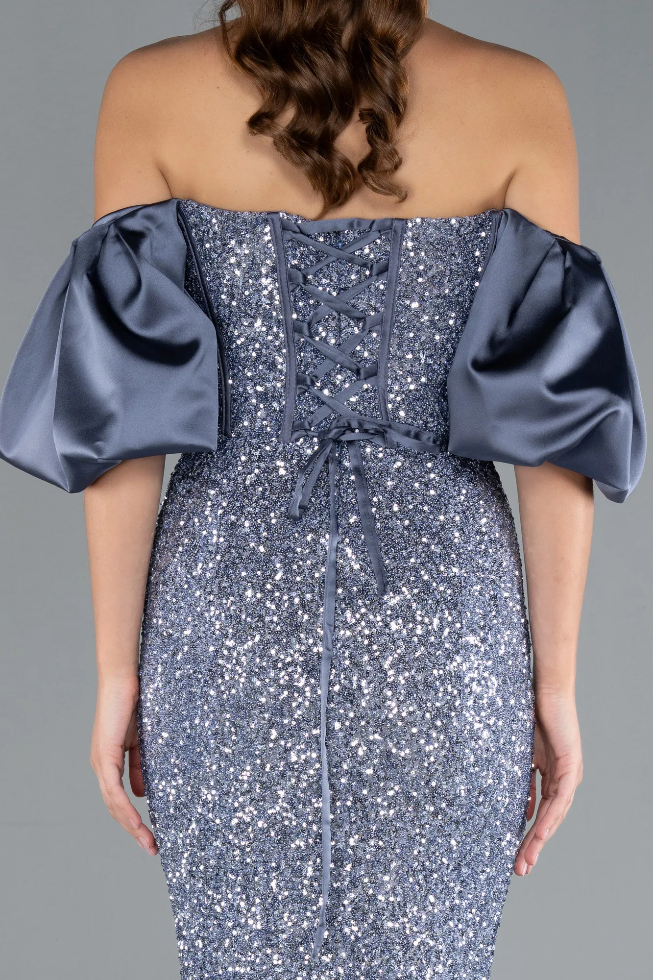 Grey-Indigo-Strapless Sleeve Accessories Long Scaly Evening Gown ABU4308