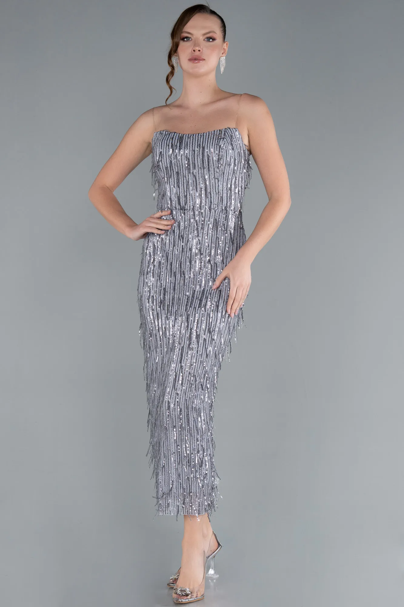 Grey-Fringe Sequin Midi Party Dress ABK2280