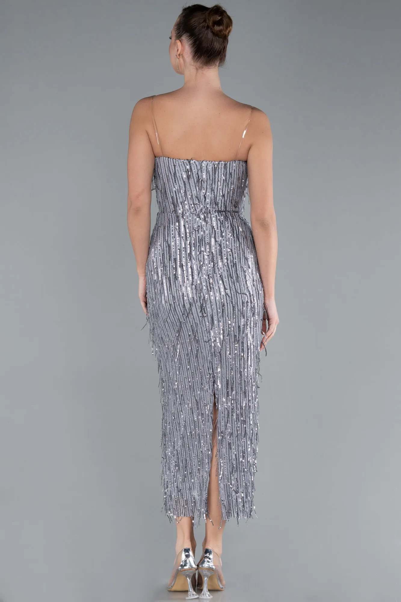 Grey-Fringe Sequin Midi Party Dress ABK2280