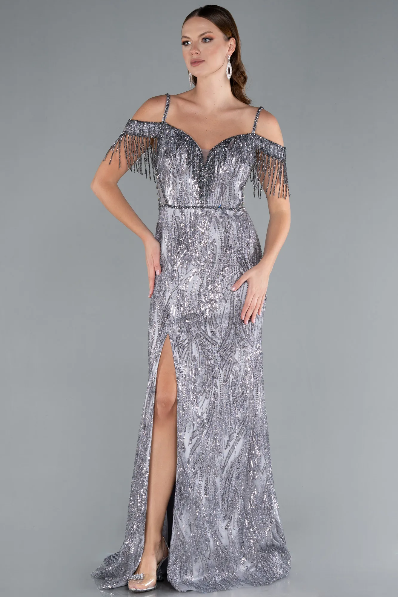 Grey-Fringe Sleeves Sequin Cold Shoulder Evening Gown ABU4837