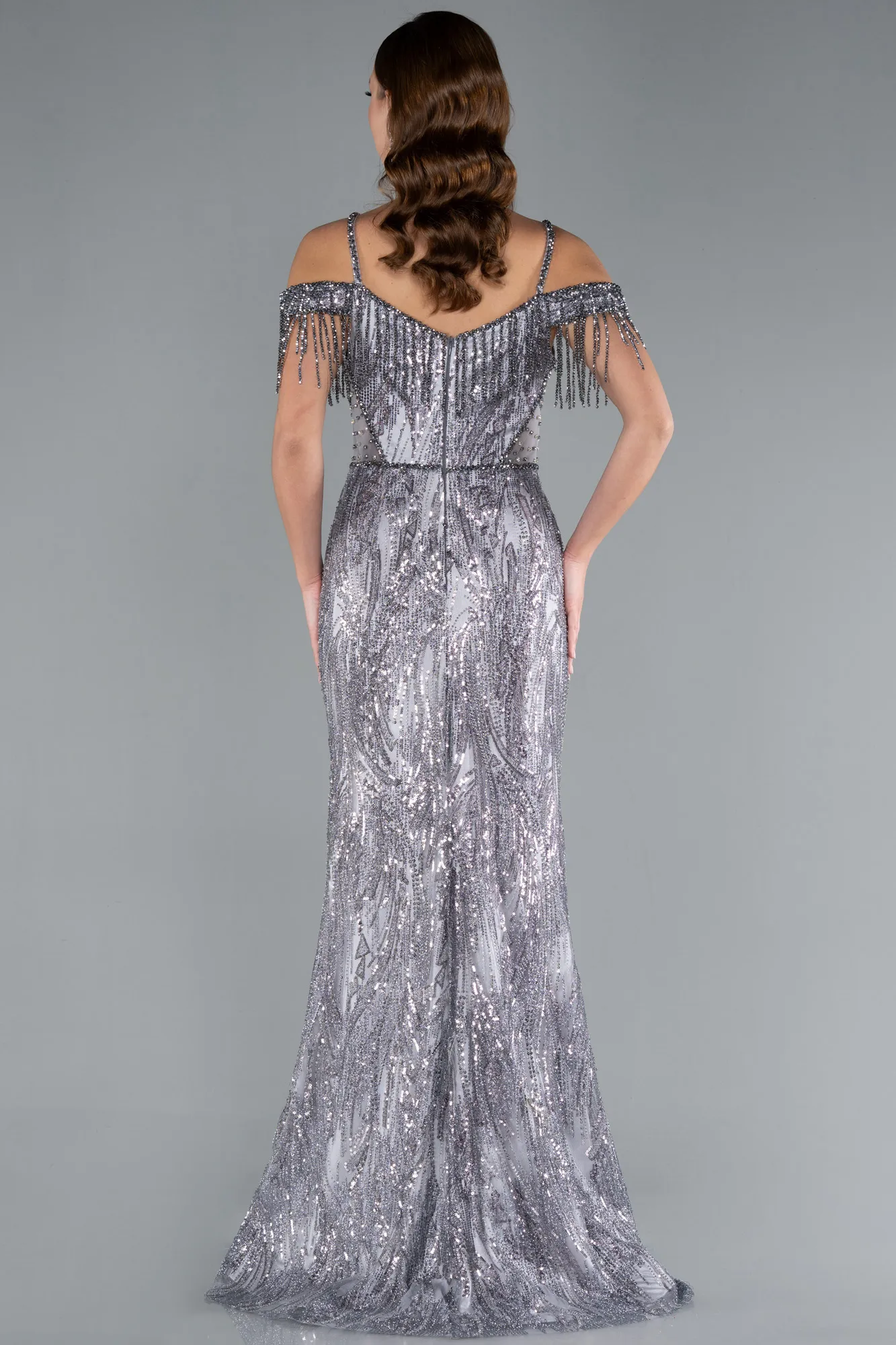 Grey-Fringe Sleeves Sequin Cold Shoulder Evening Gown ABU4837