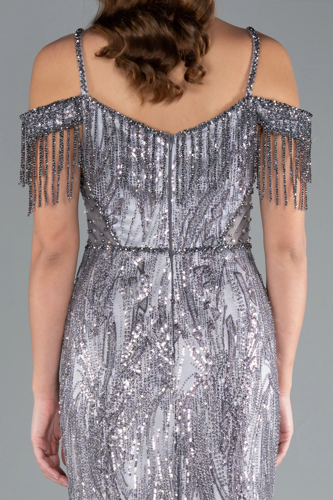Grey-Fringe Sleeves Sequin Cold Shoulder Evening Gown ABU4837