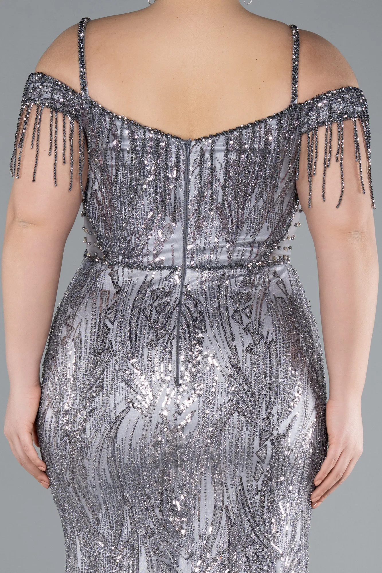 Grey-Fringe Sleeves Sequin Cold Shoulder Evening Gown ABU4837