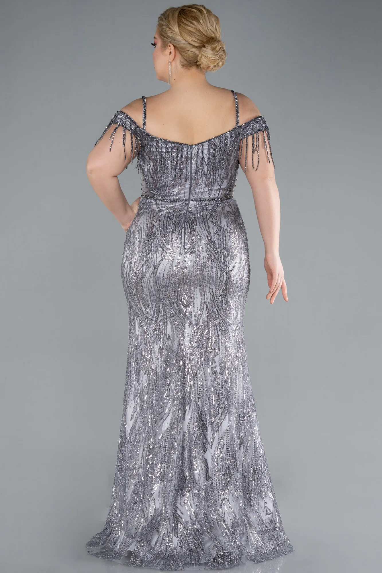 Grey-Fringe Sleeves Sequin Cold Shoulder Evening Gown ABU4838