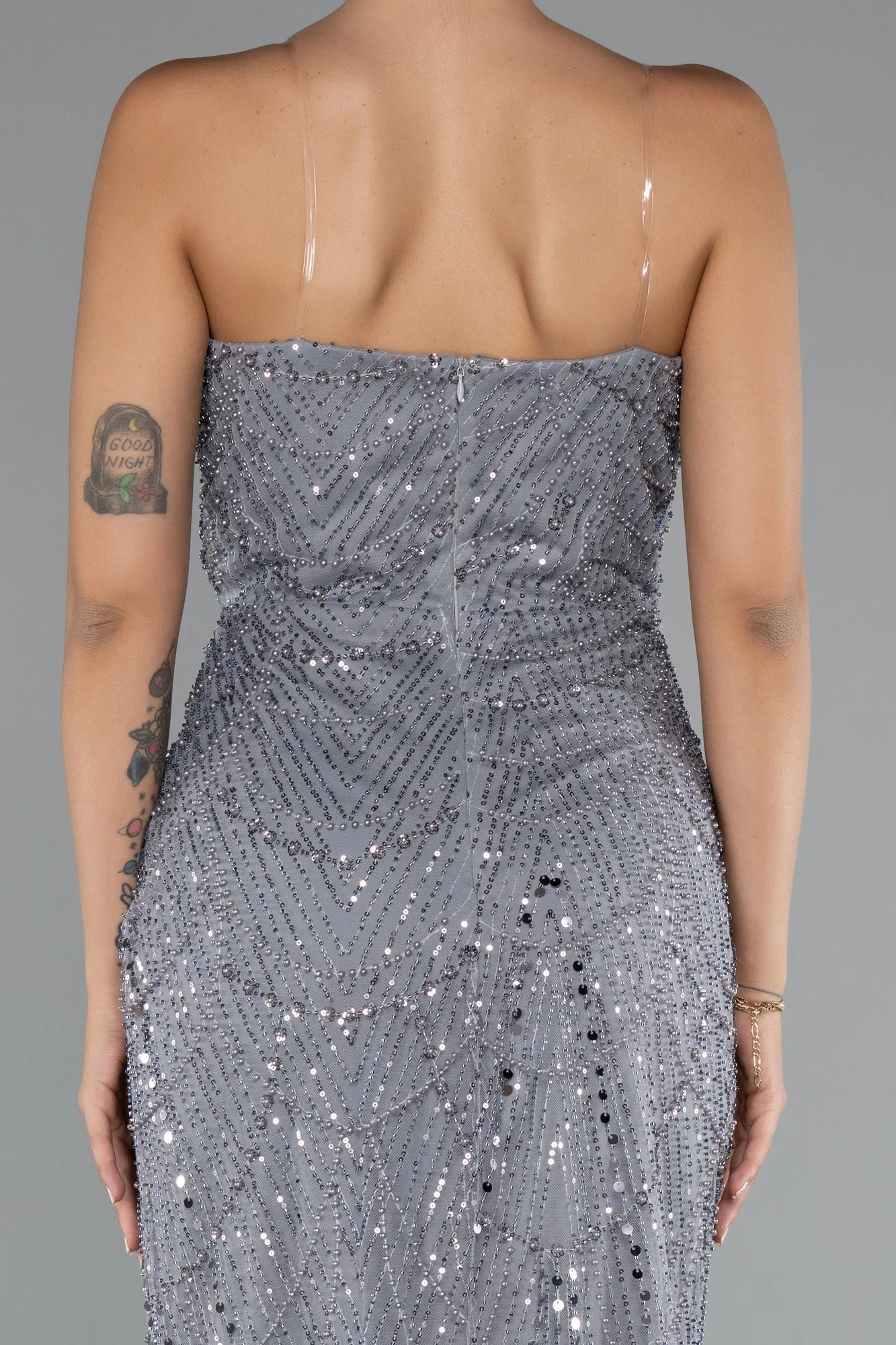 Grey-Long Beaded Evening Dress ABU5141