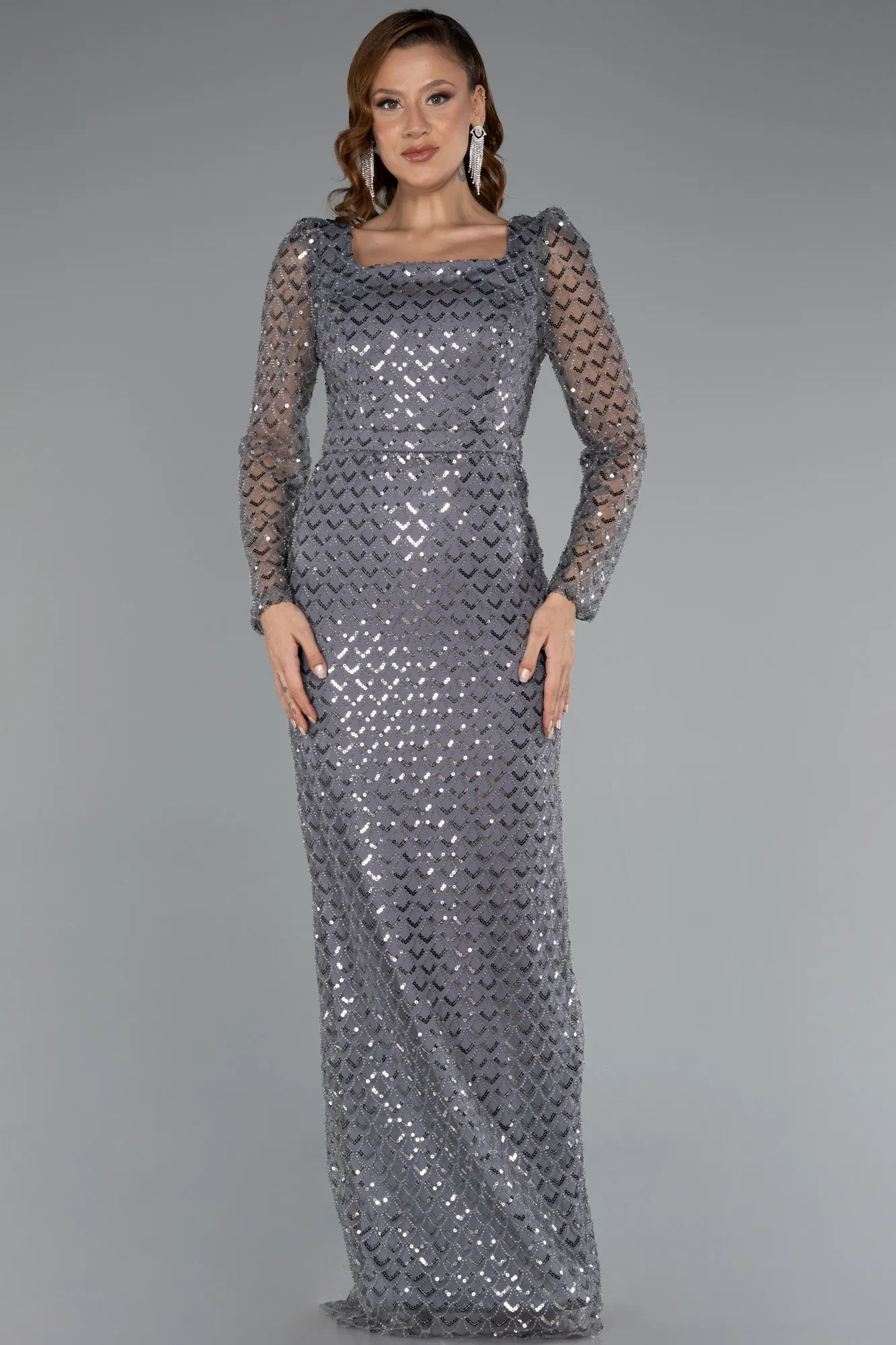 Grey-Long Beaded Evening Dress ABU5165