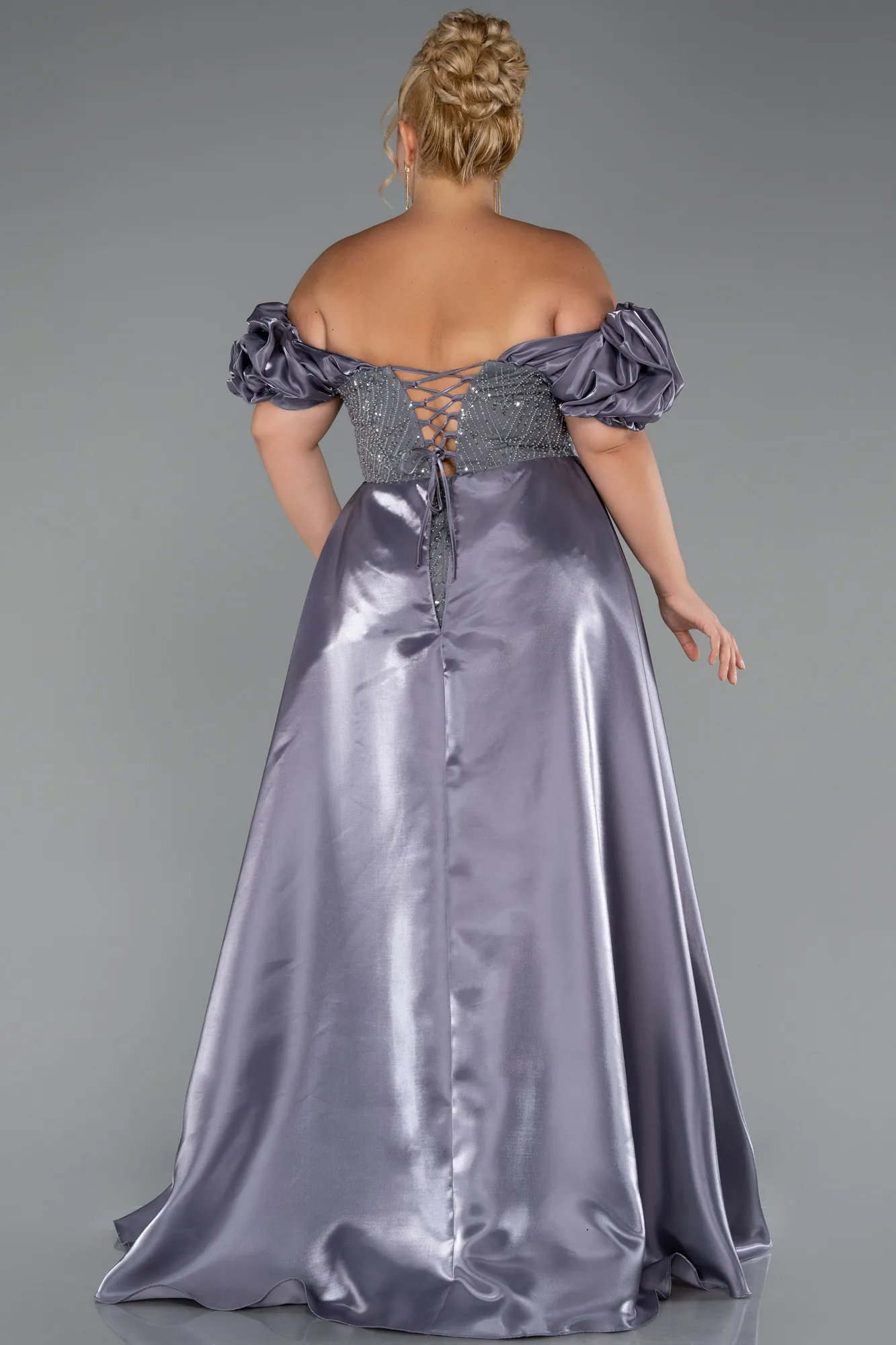 Grey-Long Beaded Plus Size Evening Dress ABU5155