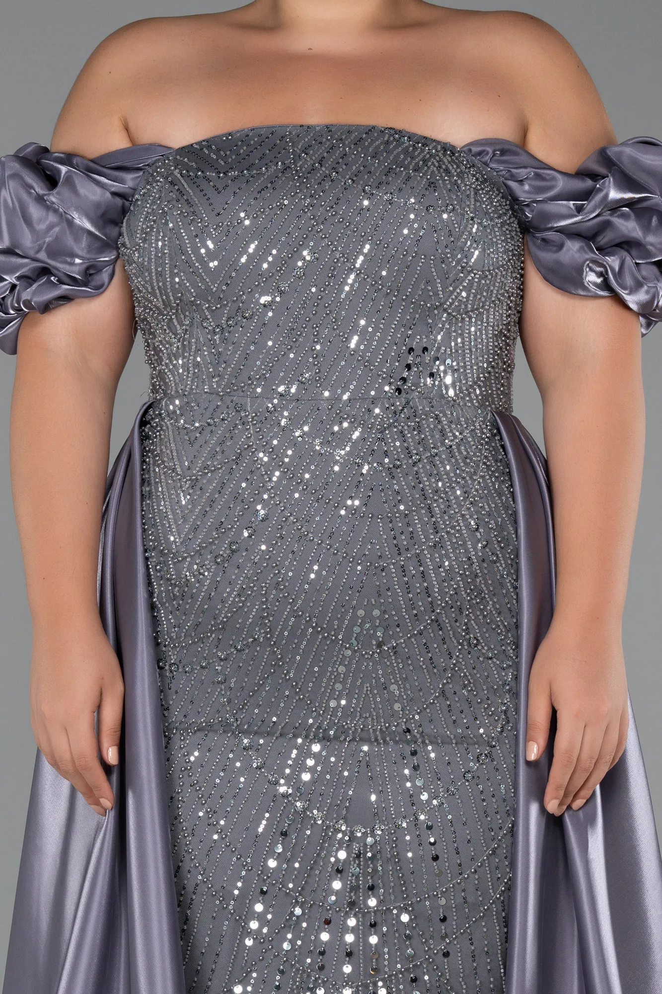 Grey-Long Beaded Plus Size Evening Dress ABU5155