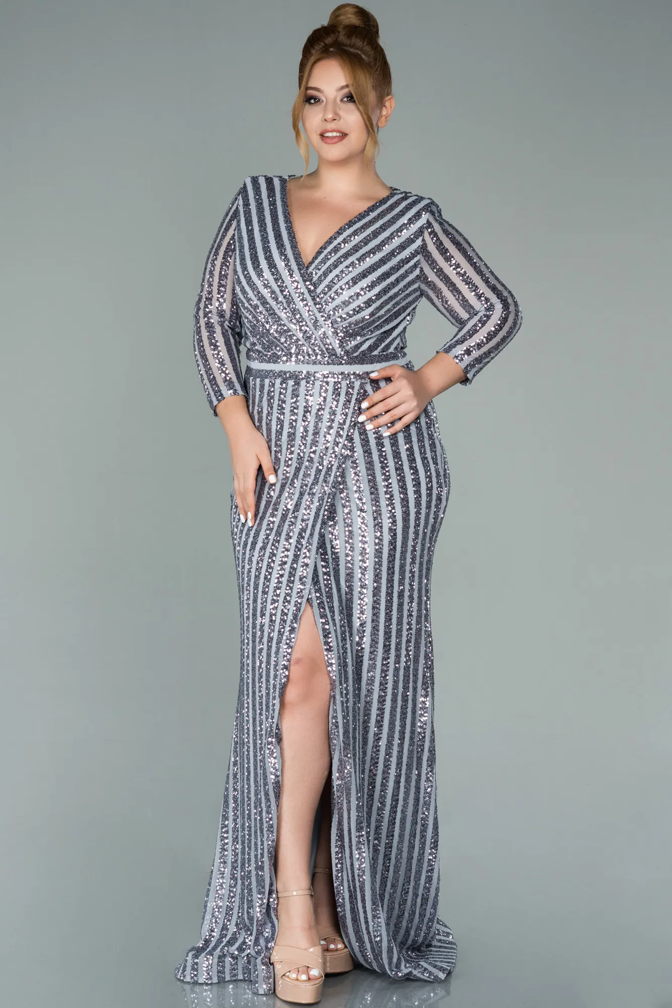 Grey-Long Oversized Mermaid Evening Dress ABU1043