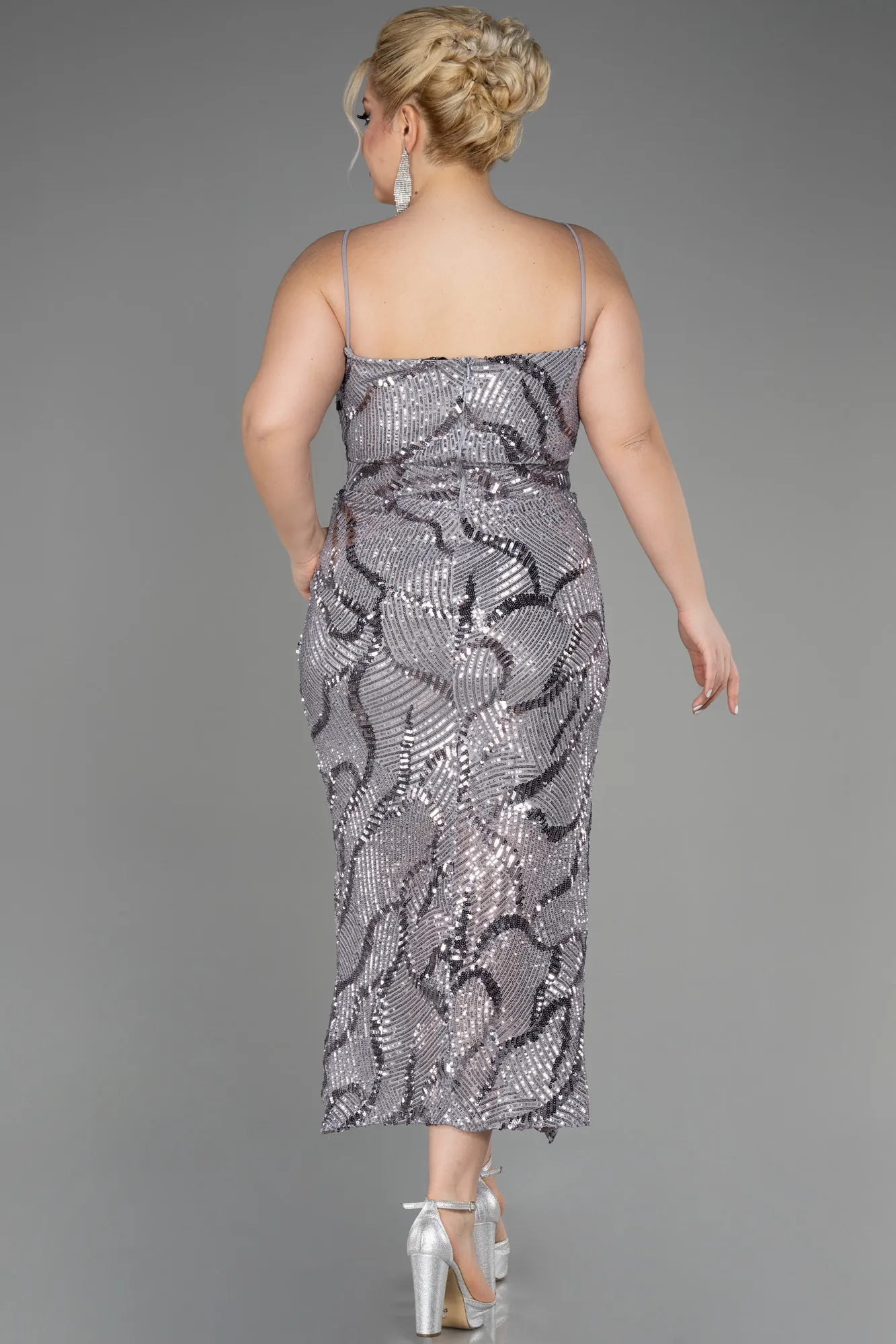 Grey-Midi Plus Size Evening Dress ABK1349
