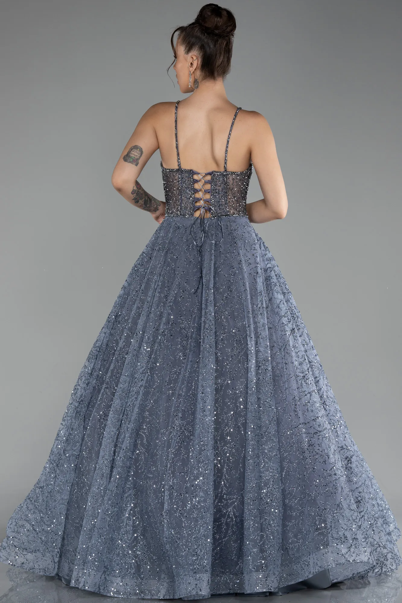 Grey-Strappy Glitter Long Ball Gown ABU3839