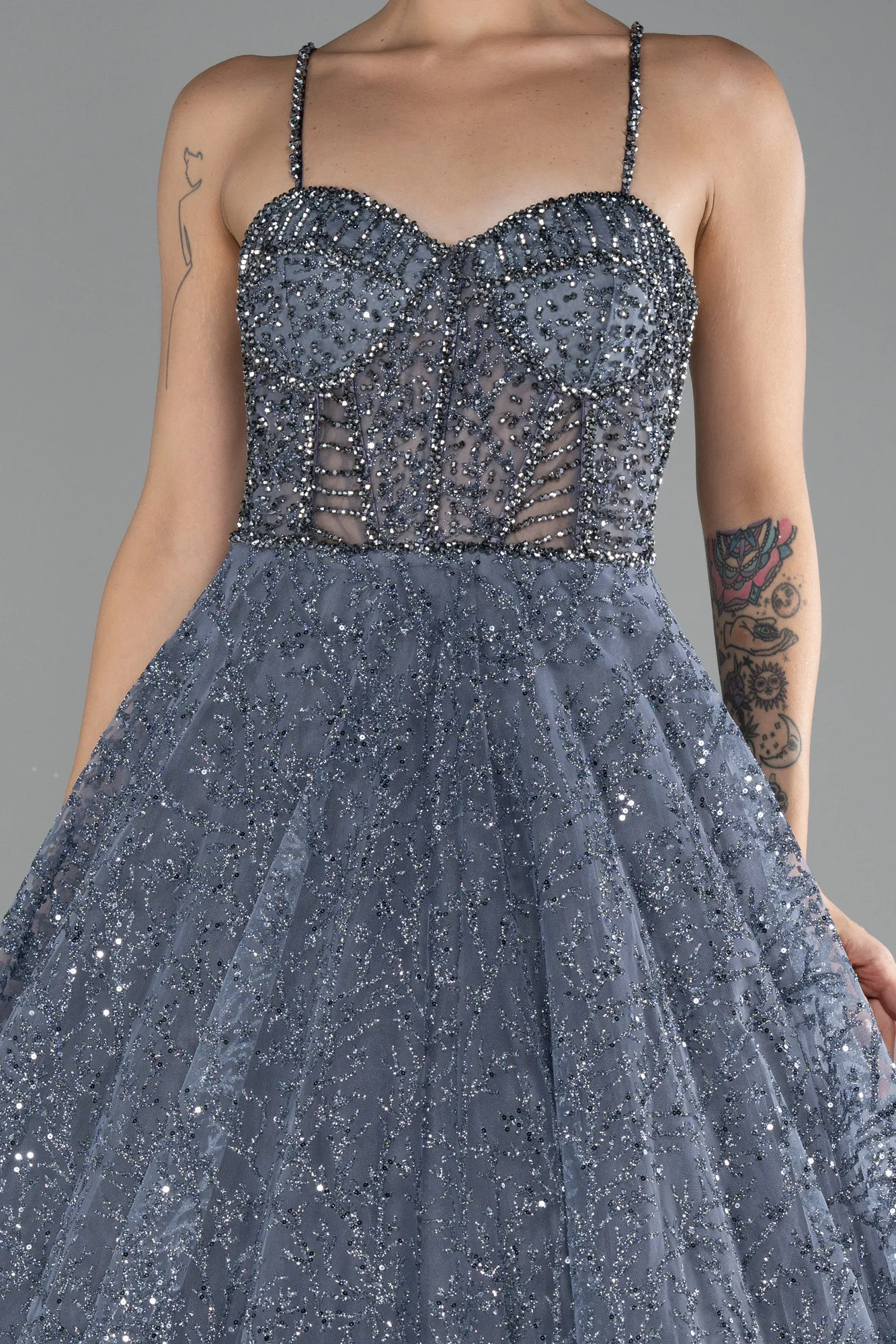 Grey-Strappy Glitter Long Ball Gown ABU3839
