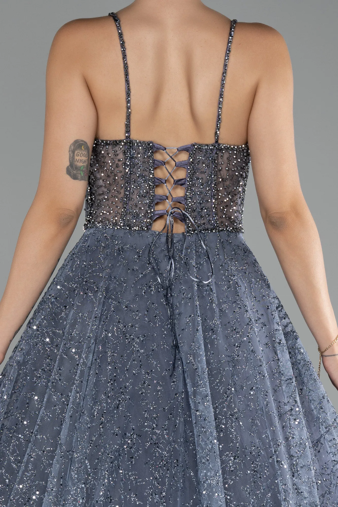 Grey-Strappy Glitter Long Ball Gown ABU3839