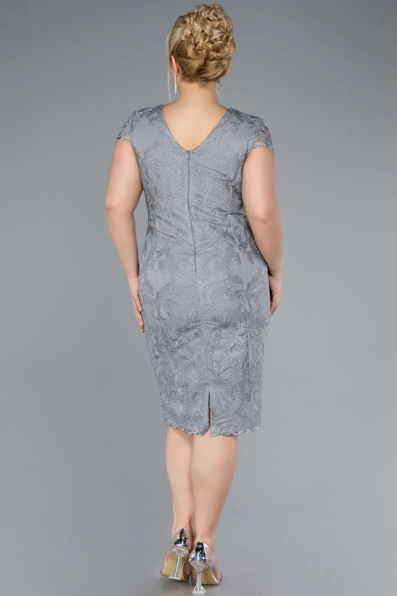 Grey-Short Sleeve Guipure Midi Plus Size Invitation Dress ABK2229