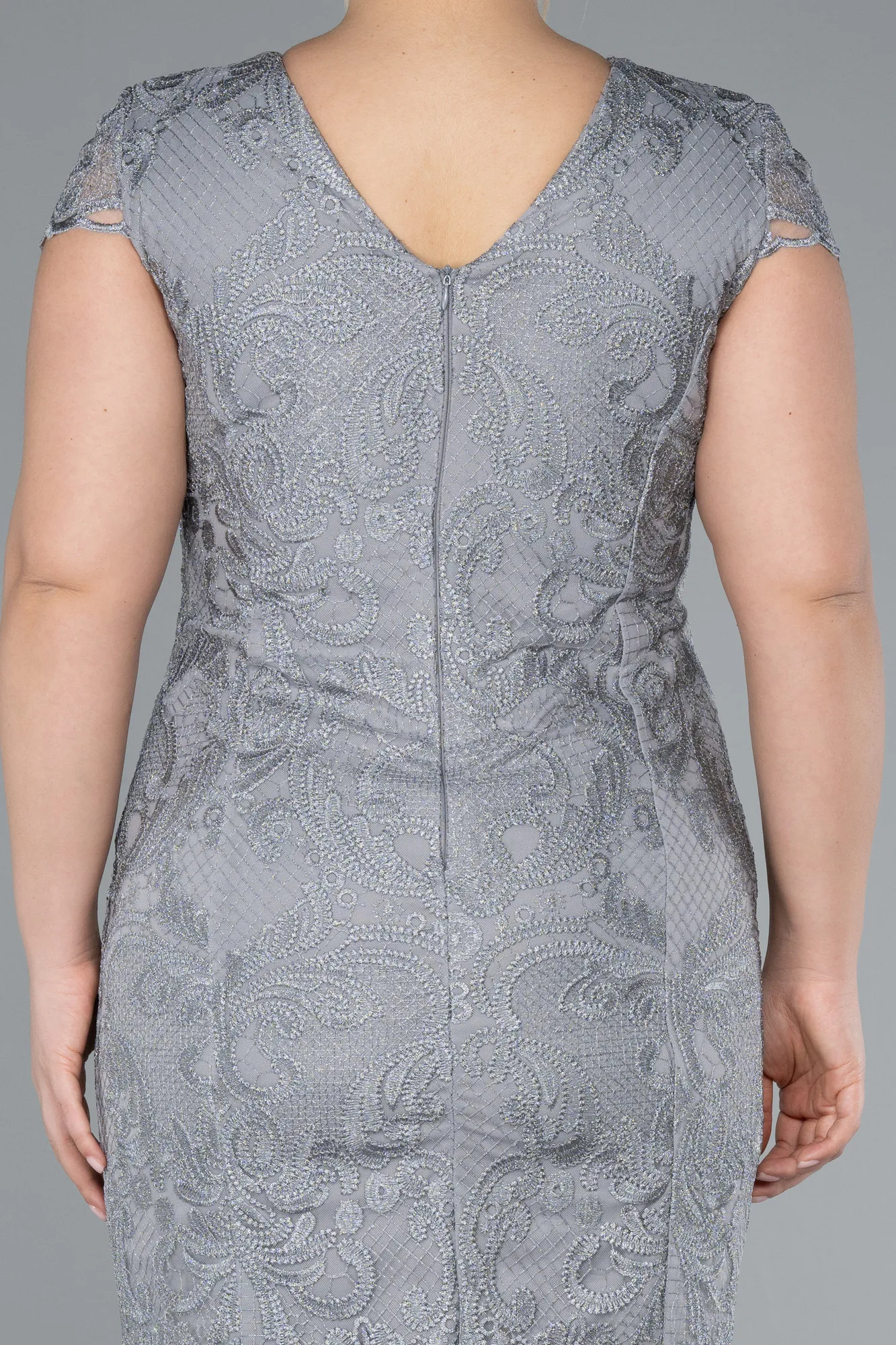 Grey-Short Sleeve Guipure Midi Plus Size Invitation Dress ABK2229
