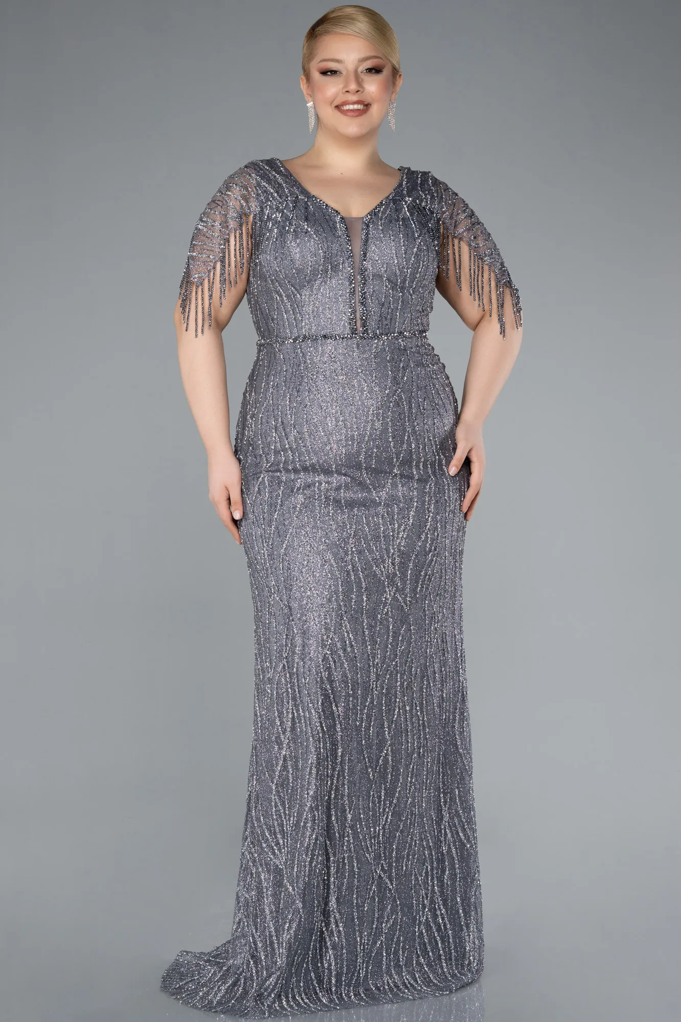 Grey-Short Sleeve Stony Long Plus Size Special Design Evening Dress ABU4146