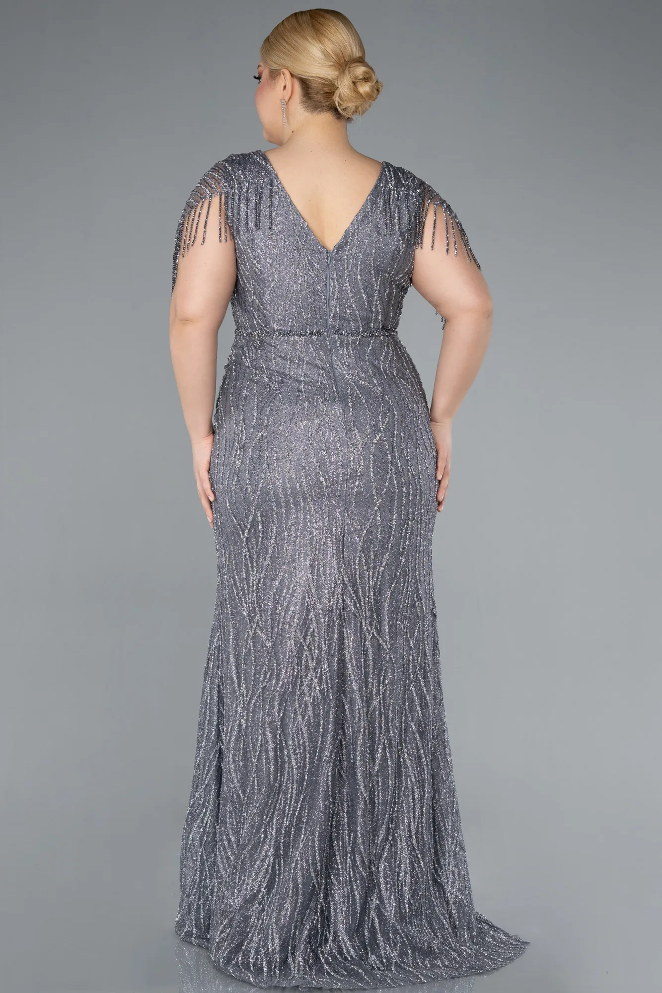 Grey-Short Sleeve Stony Long Plus Size Special Design Evening Dress ABU4146