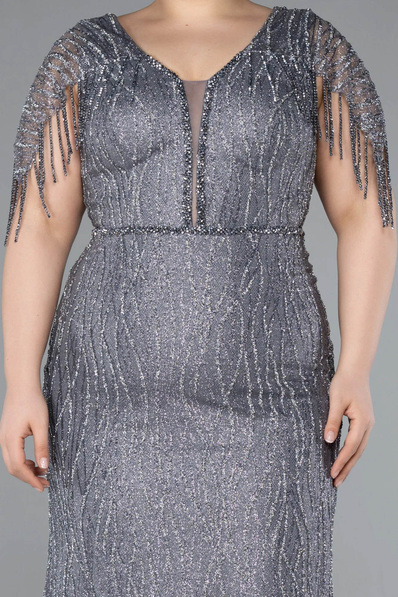 Grey-Short Sleeve Stony Long Plus Size Special Design Evening Dress ABU4146