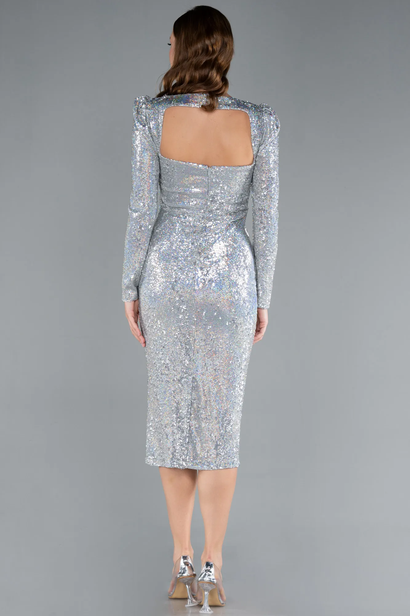Grey-Square Neck Long Sleeve Midi Sequin Cocktail Dress ABK2312
