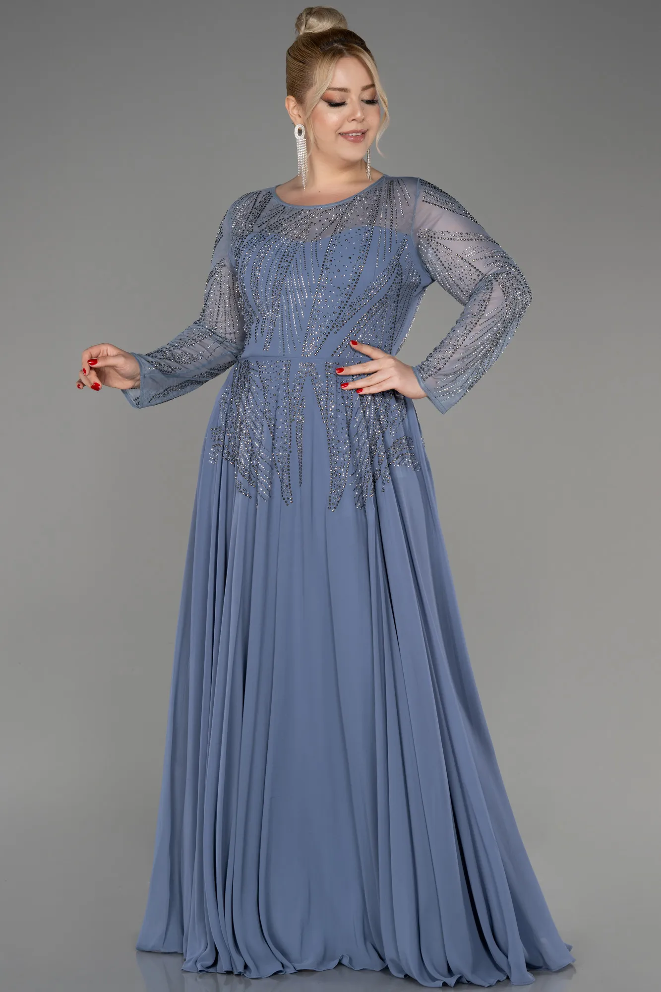 Grey-Stoned Long Sleeve Plus Size Evening Gown ABU3925