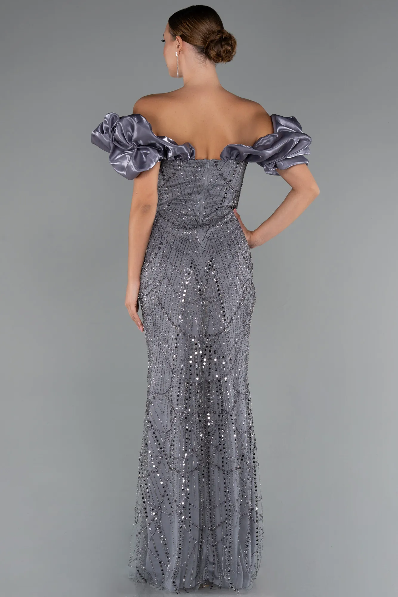 Grey-Stoned Strapless Sleeve Accessories Long Mermaid Evening Gown ABU4509