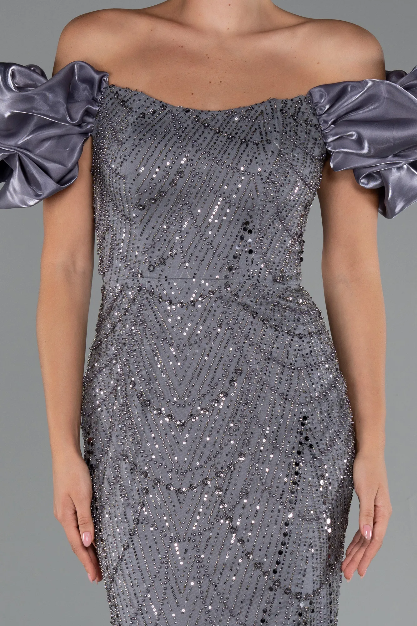 Grey-Stoned Strapless Sleeve Accessories Long Mermaid Evening Gown ABU4509