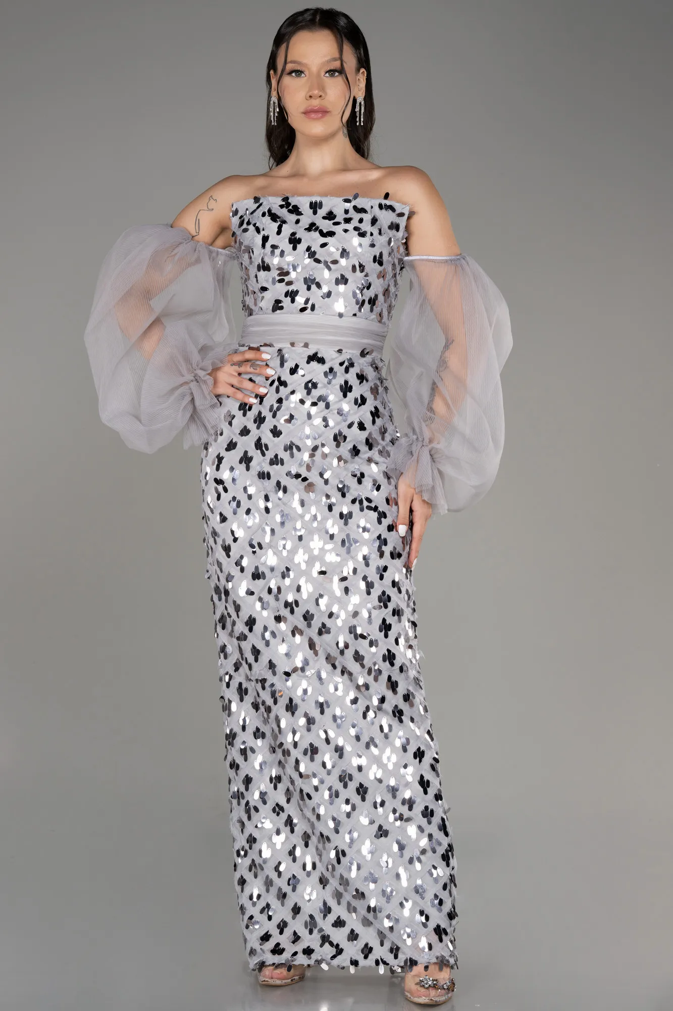 Grey-Strapless Midi Scaly Evening Dress ABK2084