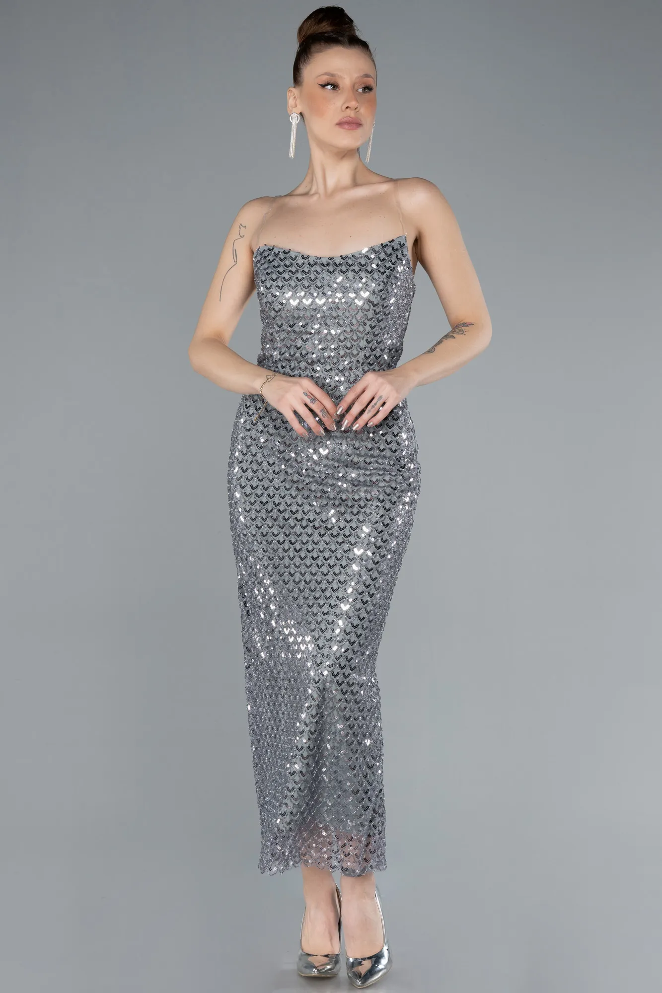 Grey-Strapless Midi Sequined Cocktail Dress ABK2258