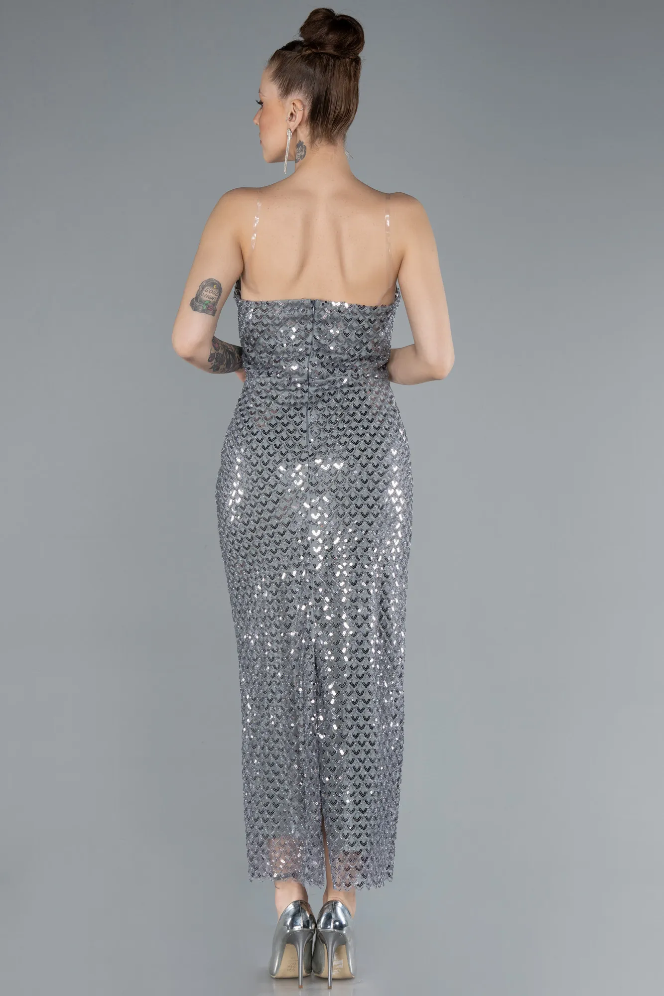 Grey-Strapless Midi Sequined Cocktail Dress ABK2258