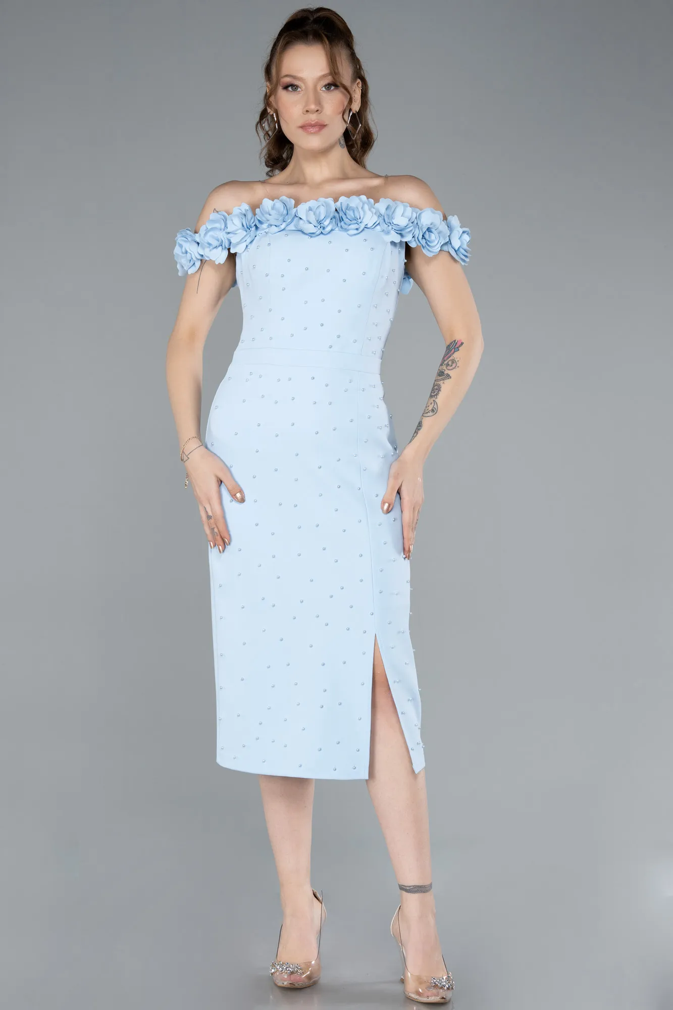 Ice Blue-Boat Neck Beaded Midi Cocktail Dress ABK2248
