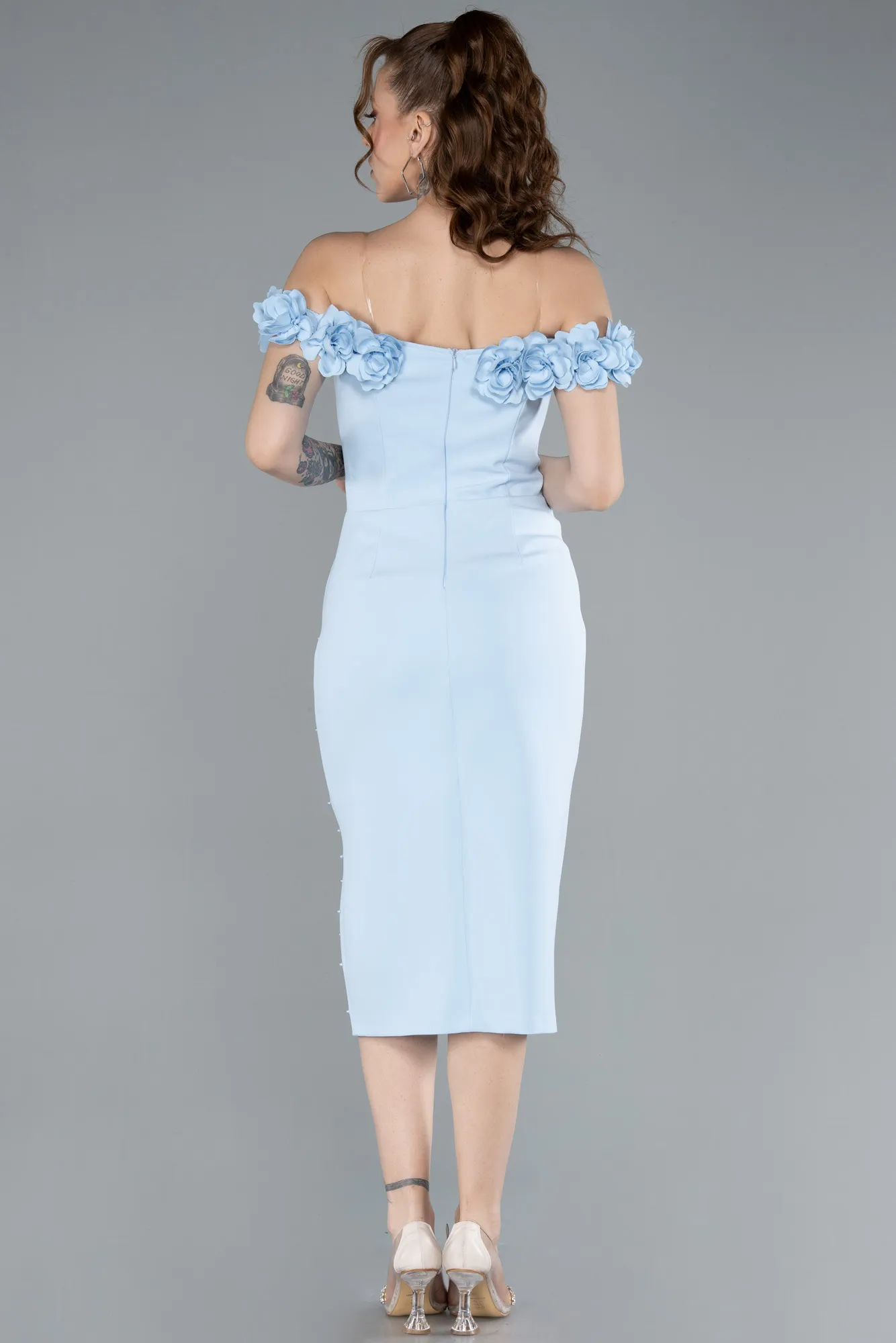 Ice Blue-Boat Neck Beaded Midi Cocktail Dress ABK2248