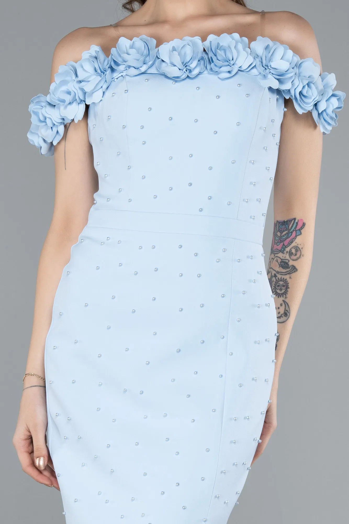 Ice Blue-Boat Neck Beaded Midi Cocktail Dress ABK2248