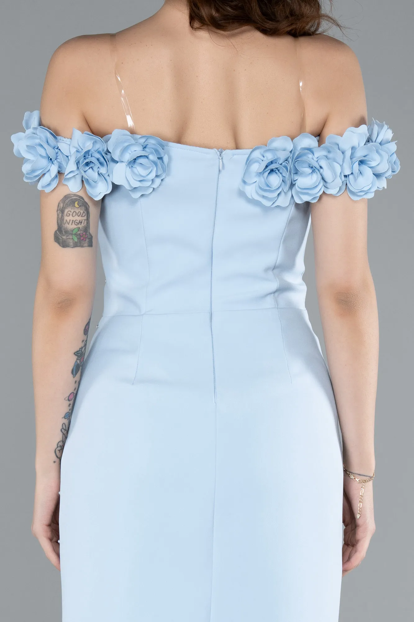 Ice Blue-Boat Neck Beaded Midi Cocktail Dress ABK2248