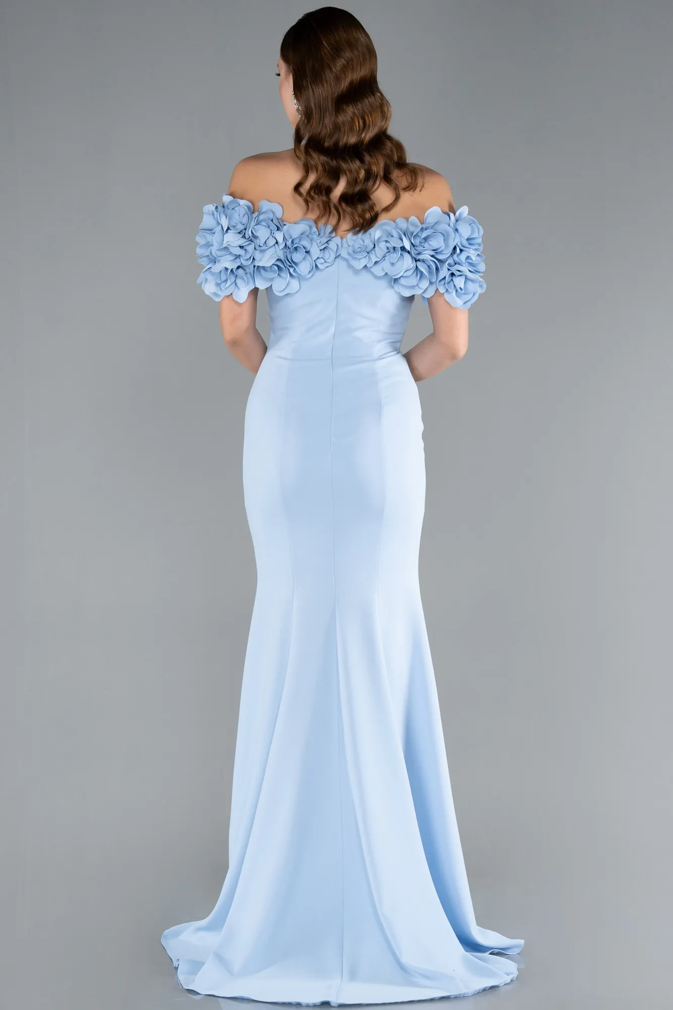 Ice Blue-Boat Neck Slit Long Evening Dress ABU4080