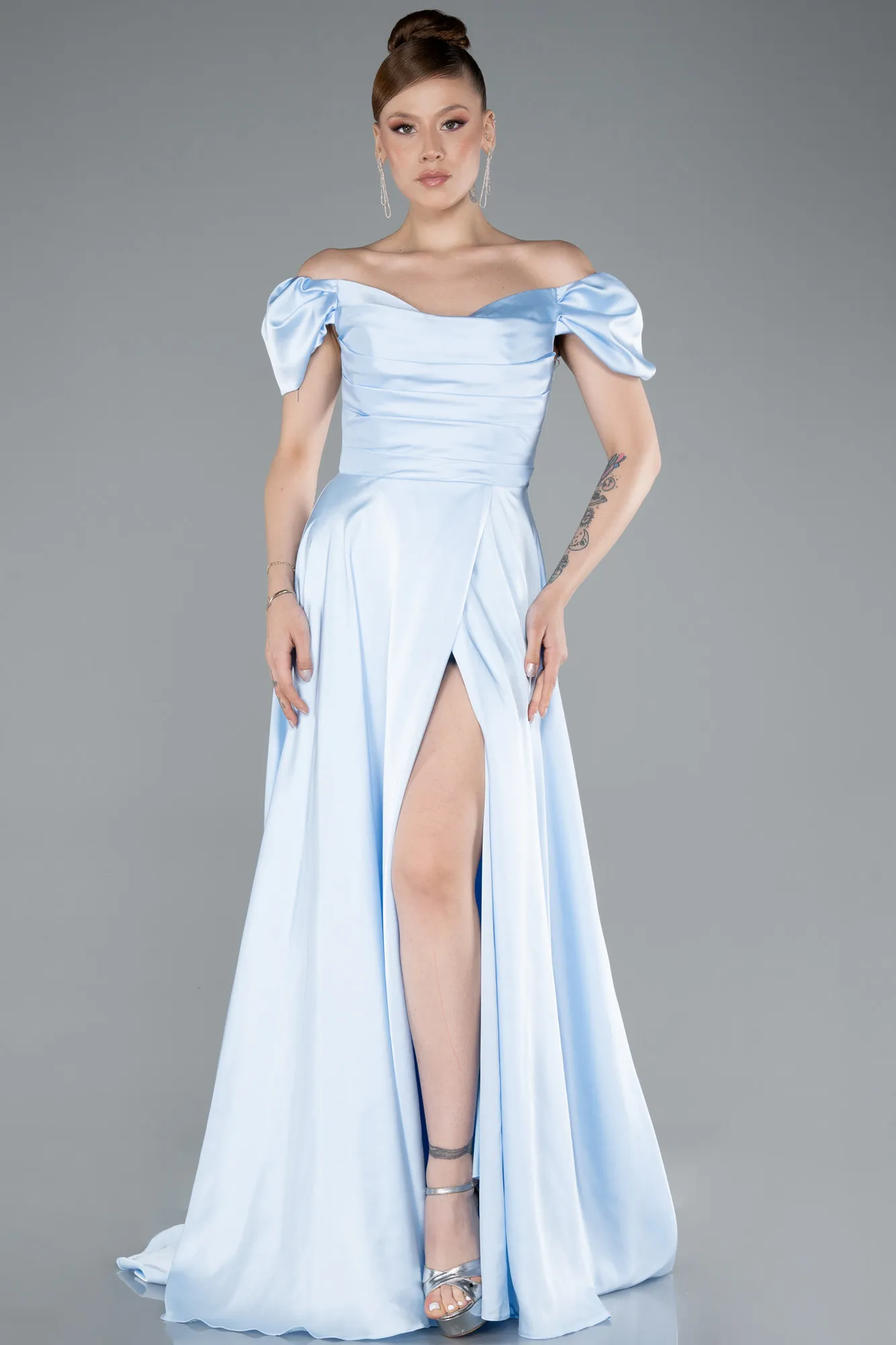 Ice Blue-Boat Neck Slit Long Satin Prom Gown ABU4508