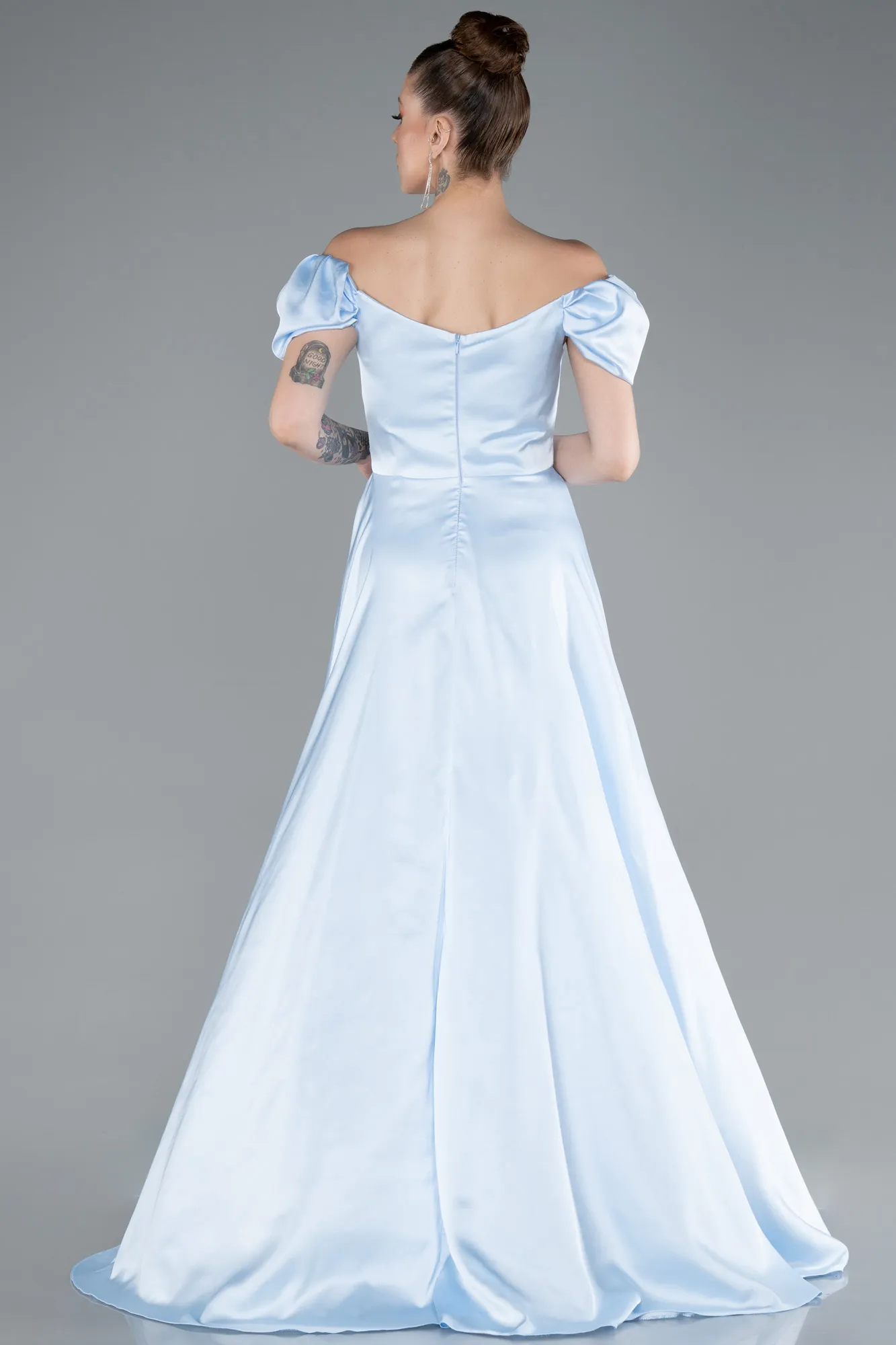 Ice Blue-Boat Neck Slit Long Satin Prom Gown ABU4508