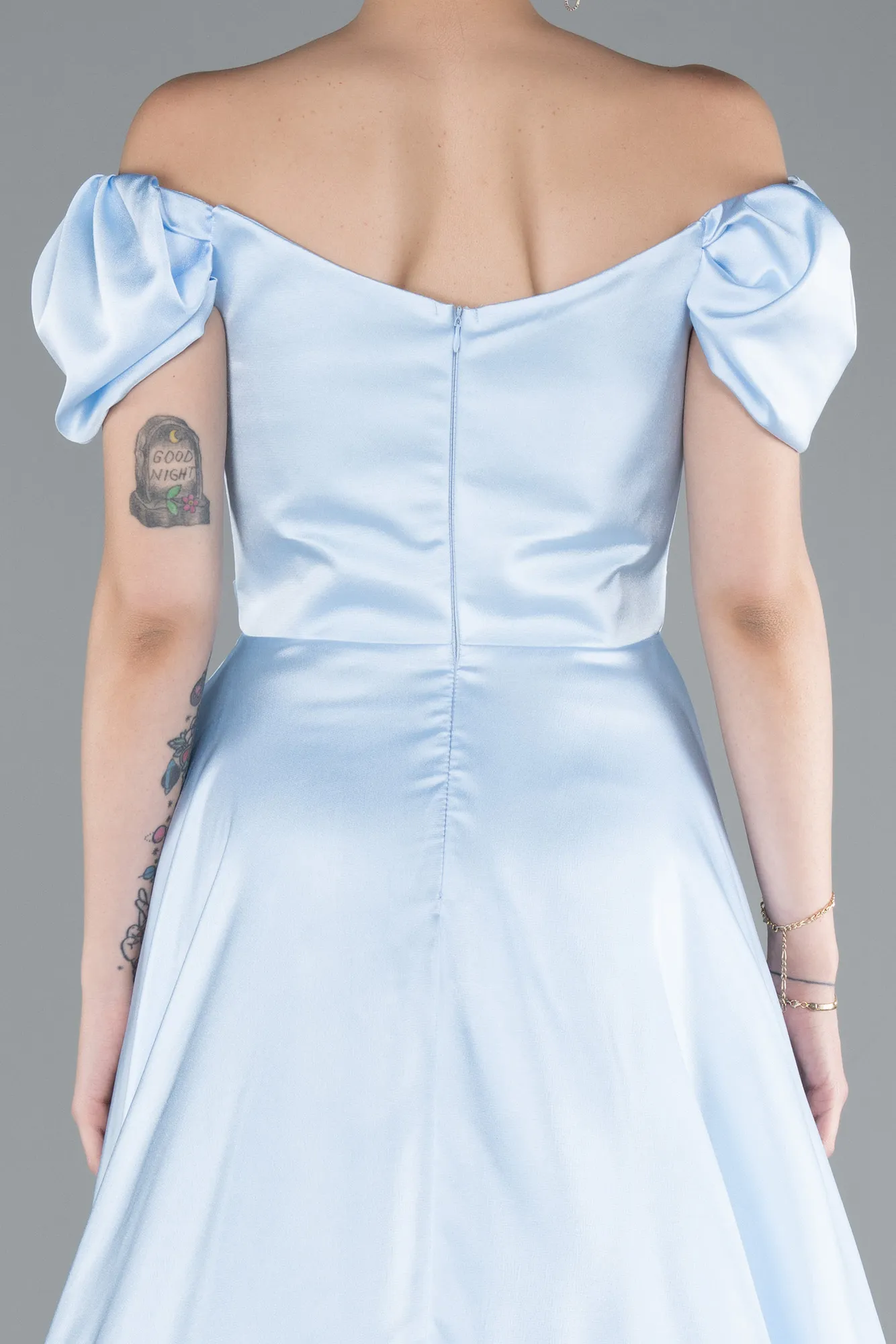 Ice Blue-Boat Neck Slit Long Satin Prom Gown ABU4508