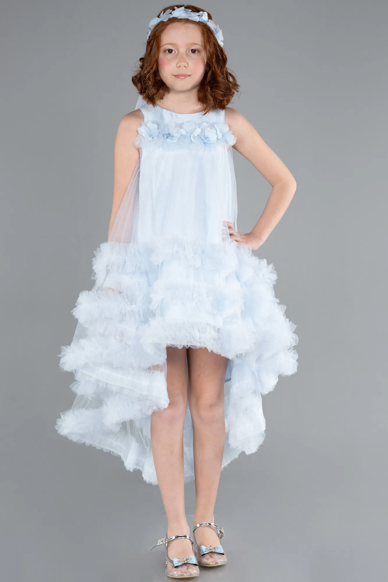 Ice Blue-Front Short Back Long Girl Dress ABO111