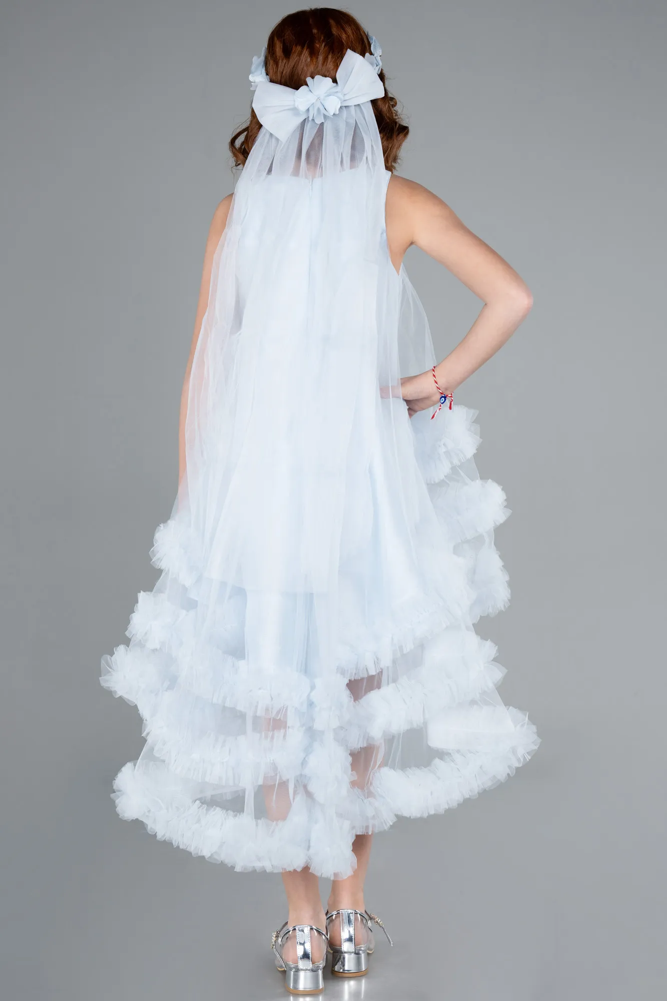 Ice Blue-Front Short Back Long Girl Dress ABO111