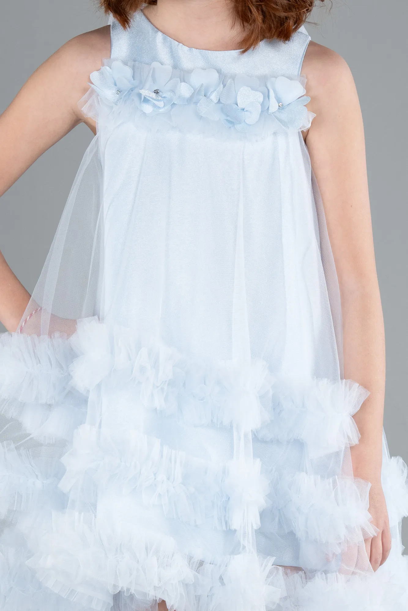 Ice Blue-Front Short Back Long Girl Dress ABO111