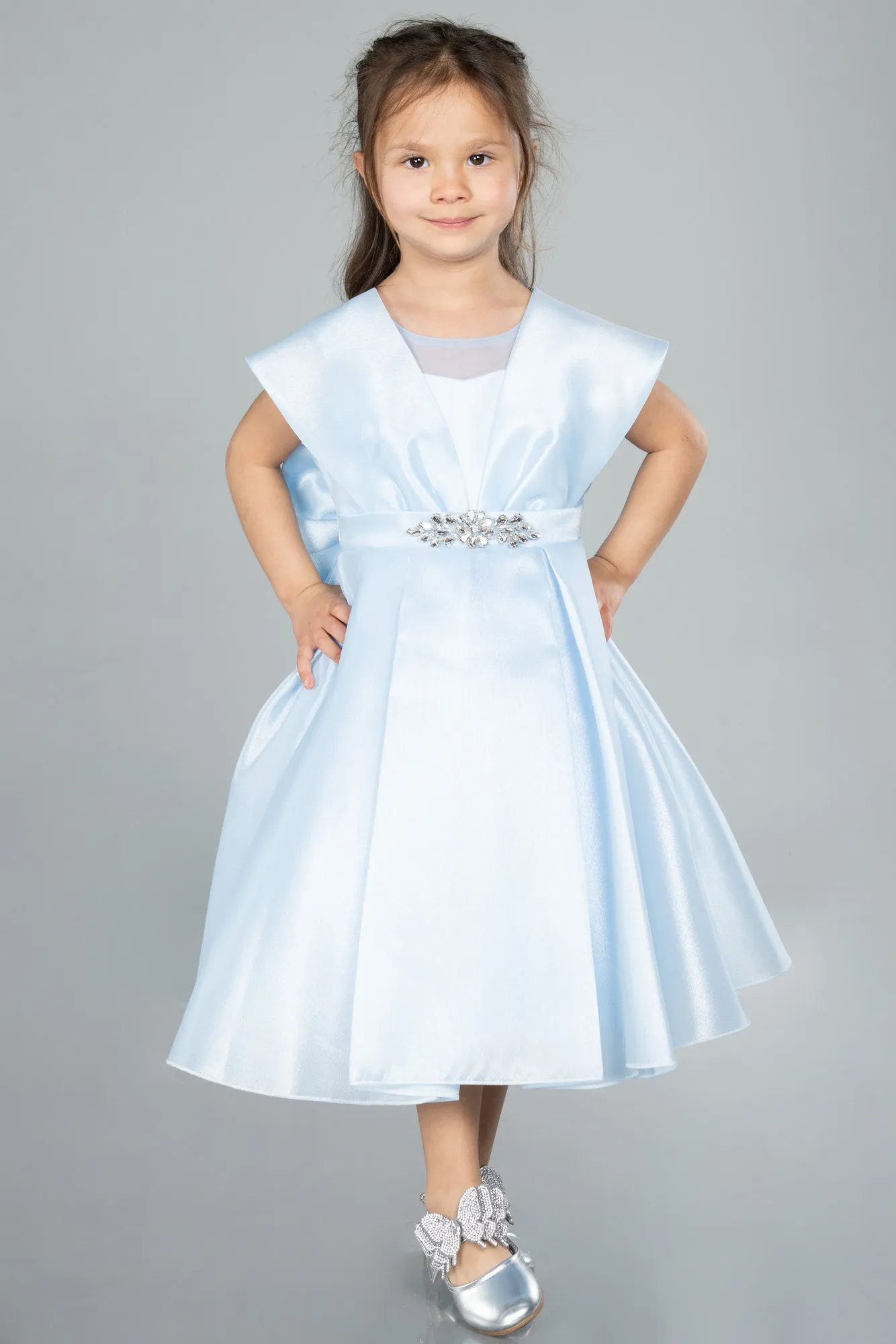 Ice Blue-Front Short Back Long Girl Dress ABO113