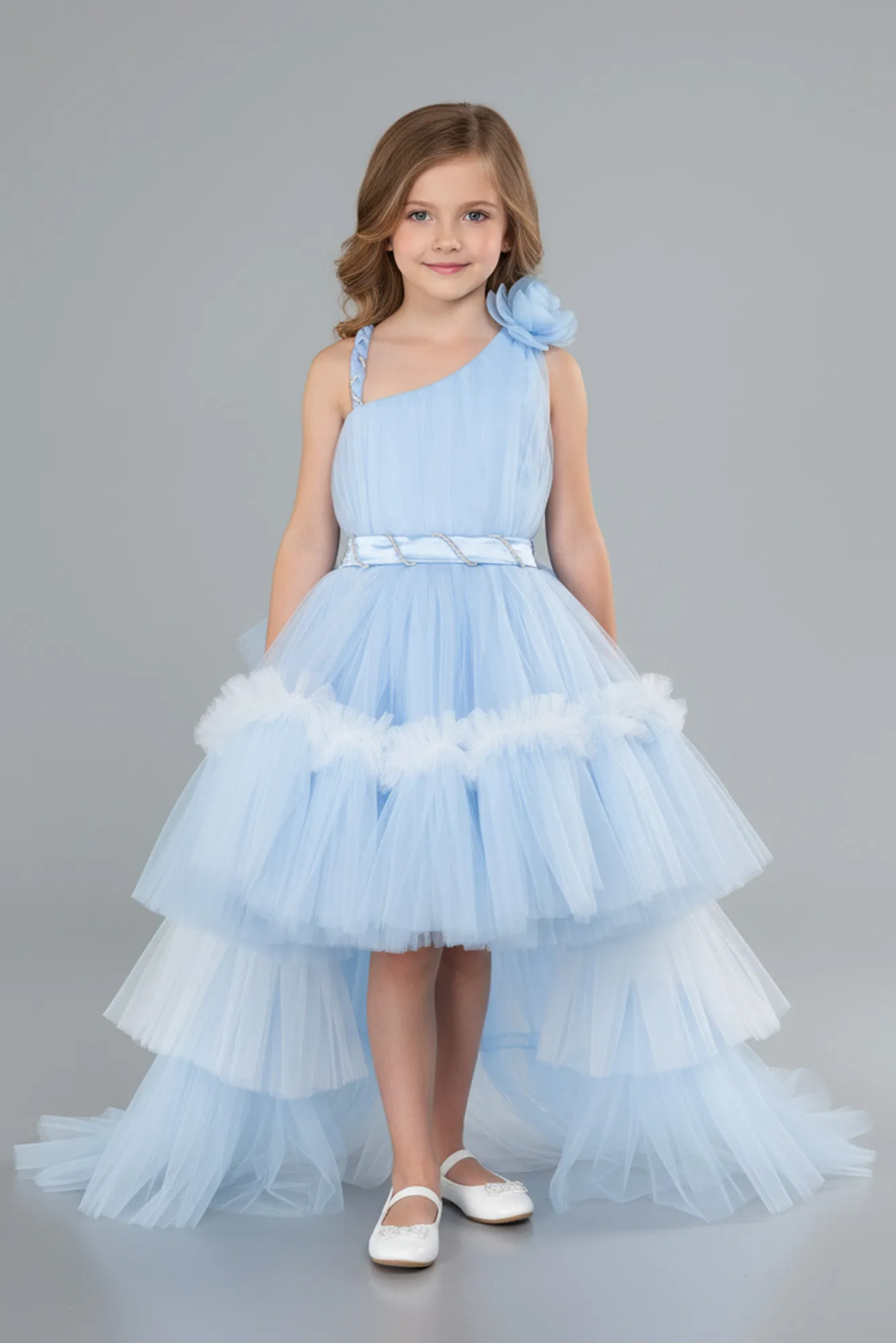 Ice Blue-Front Short Back Long Girl Dress ABO114