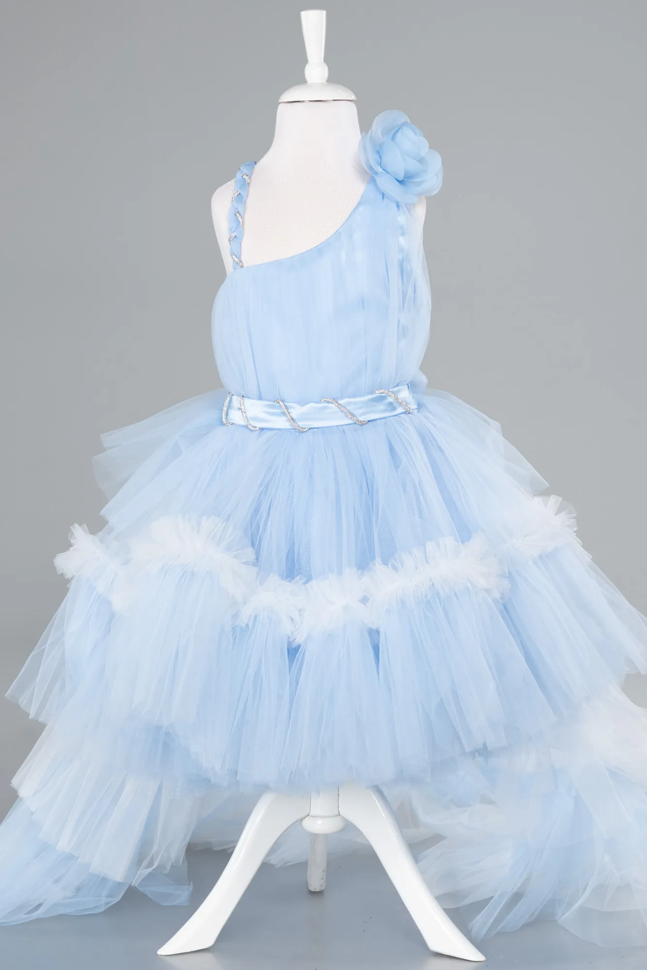 Ice Blue-Front Short Back Long Girl Dress ABO114