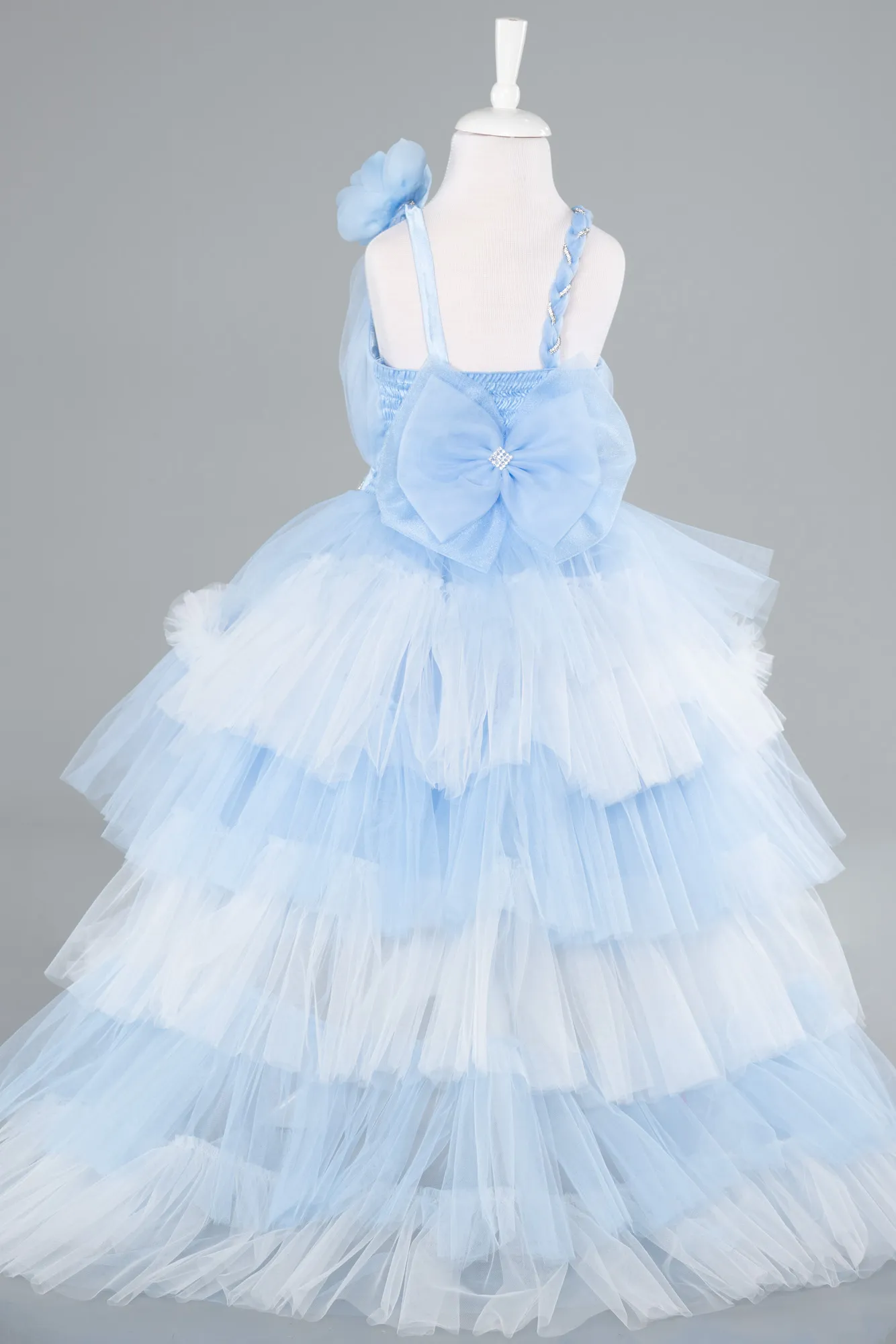 Ice Blue-Front Short Back Long Girl Dress ABO114