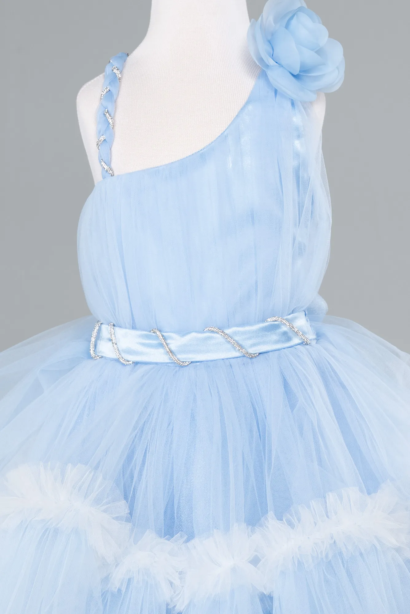 Ice Blue-Front Short Back Long Girl Dress ABO114