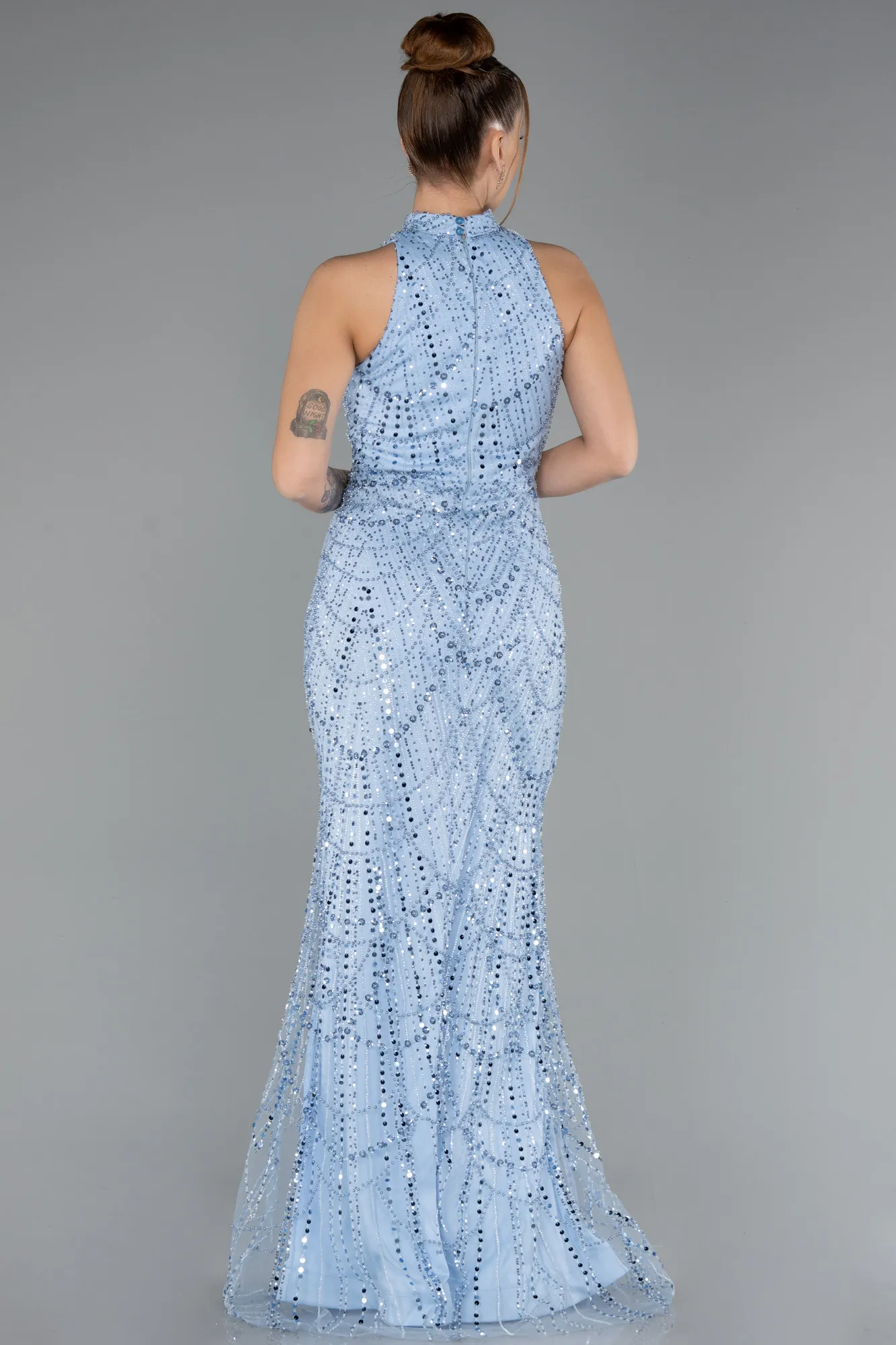 Ice Blue-Halter Neck Long Beaded Mermaid Evening Gown ABU4791