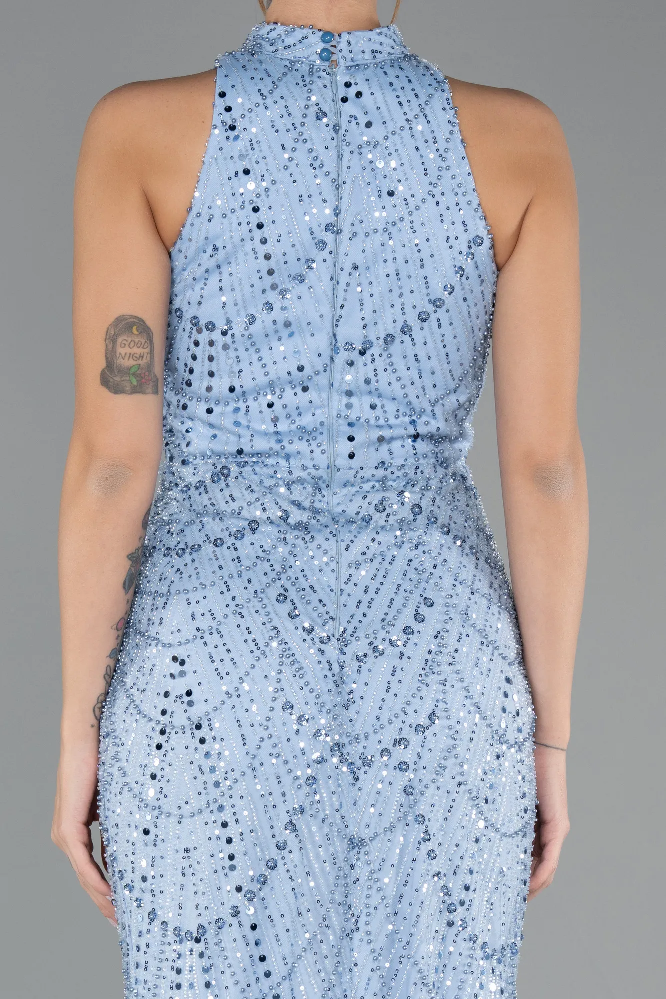 Ice Blue-Halter Neck Long Beaded Mermaid Evening Gown ABU4791